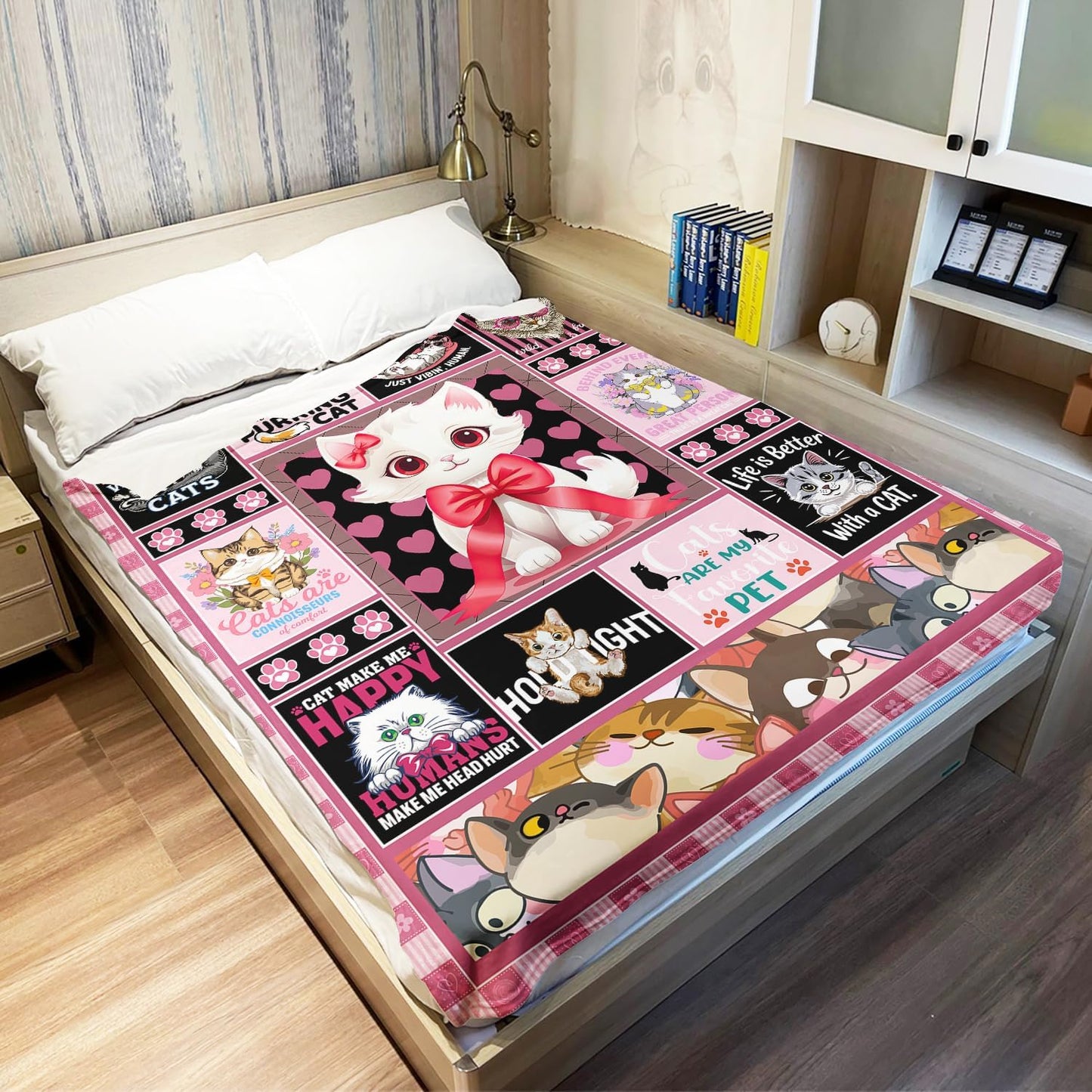 Cat Throw Blanket, Cute Kitten Quotes Collage, Soft Cozy Fleece Blanket for Couch Bed, 60 x 80 Inches