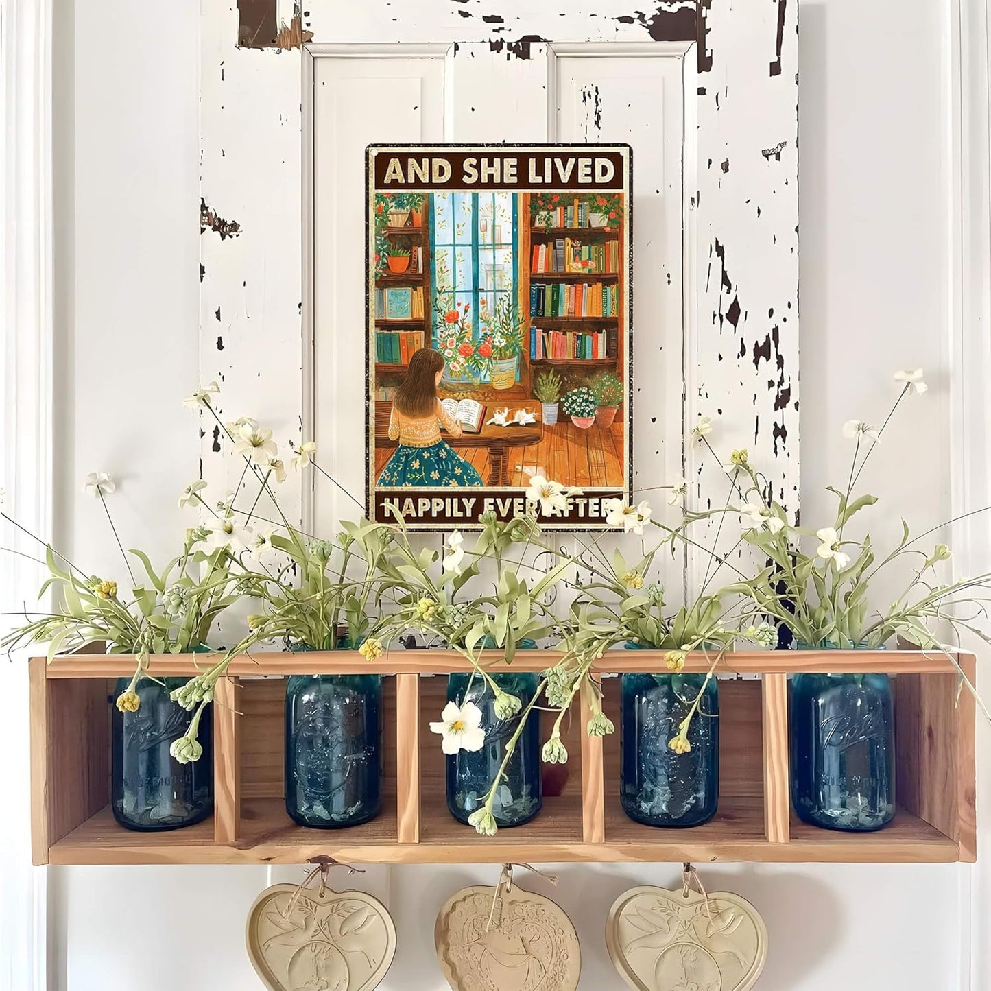 Vintage Garden Signs Reading Poster for Home Living Room Wall Art Decor Aesthetic - And She Lived Happily Ever After, Cottagecore Tin Sign 8X12 Inches