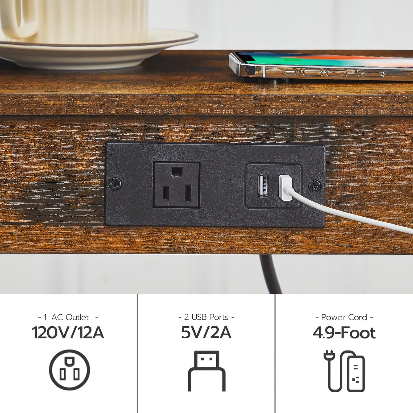 HOOBRO Small Side Table with Charging Station, End Table with USB Ports and Outlet, Nightstand with 2-Tier Storage Shelf, Faux Rattan Decoration, for Small Space, Rustic Brown and Black BF91UBZ01