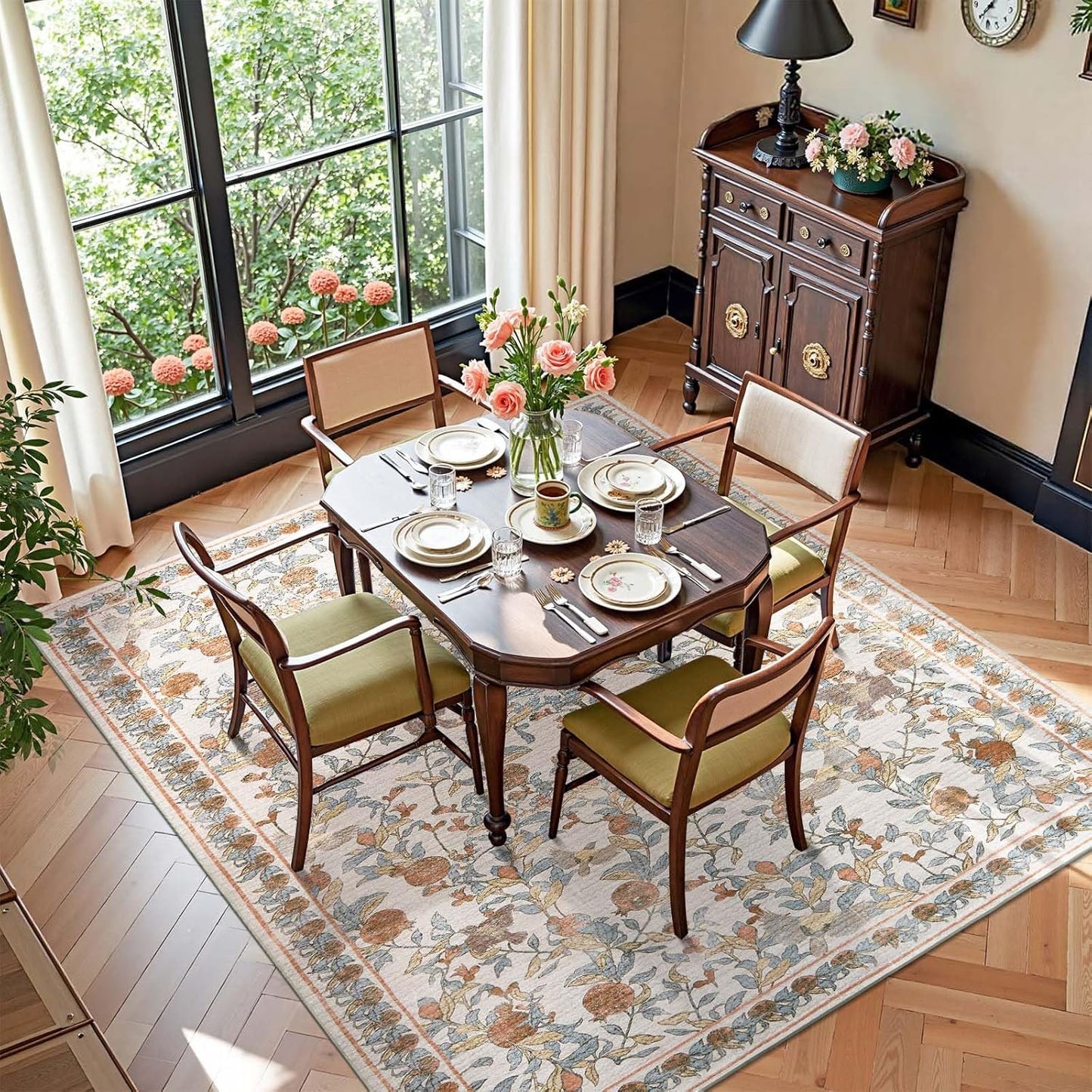 jinchan Eden Floral Area Rug 6x9 Washable Vintage Soft Non-Slip Distressed Orange Fall Decor Carpet Low Pile Accent Rug for Living Room Kitchen Bedroom Dining Room Nursery