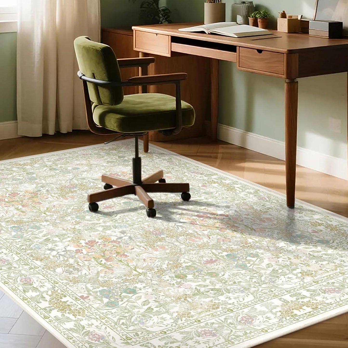 Boho Sage Green Bedside 3x5 Washable Rug for Bedroom, Thin Botanical Vintage Area Rug for Large Entry, Dorm, Kitchen, Foyer, Mudroom, Laundry - Cottage Core Low Pile Non Slip Indoor Front Door Carpet