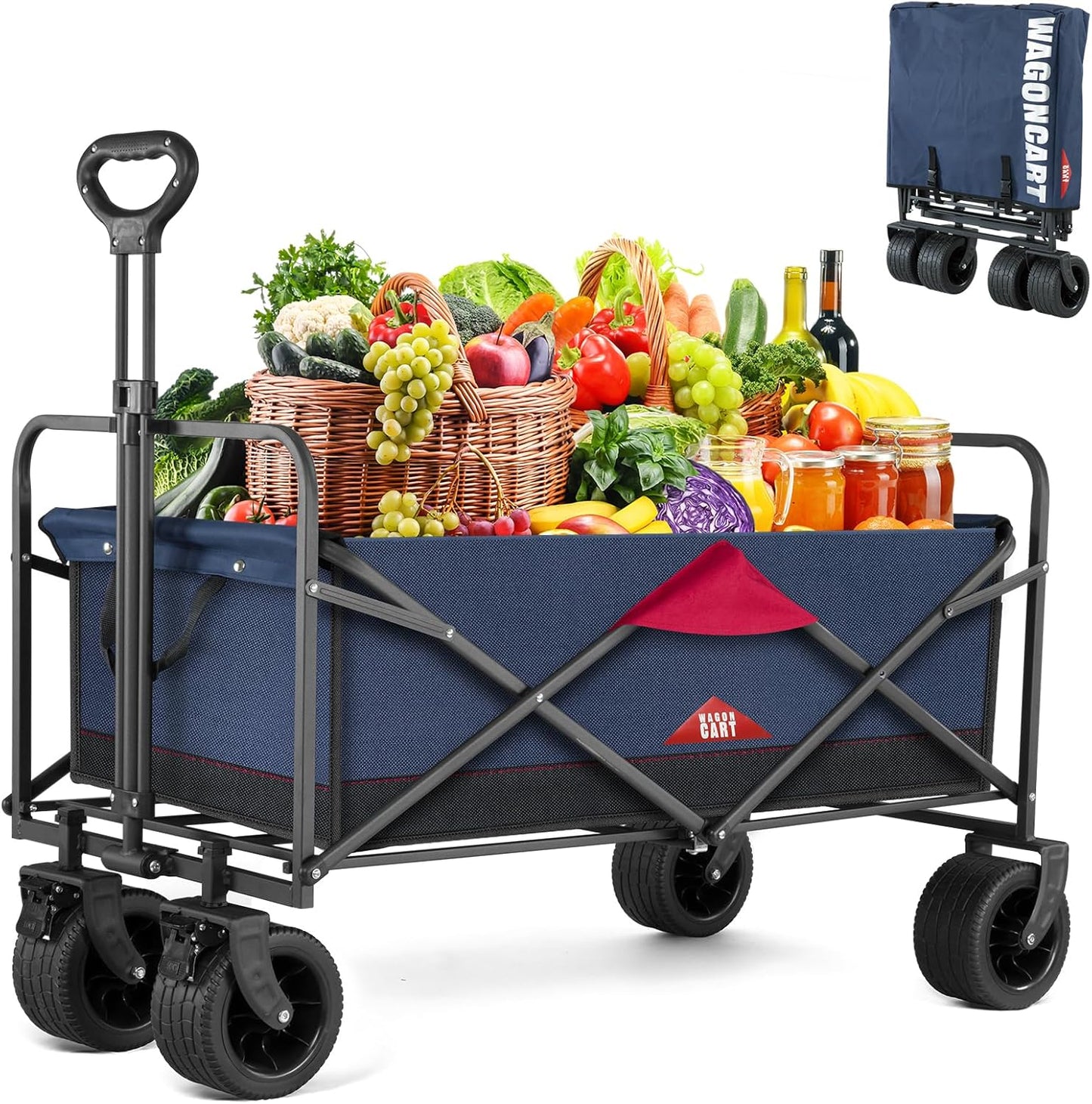 Collapsible Folding Wagon Cart, Heavy Duty Utility Beach Wagon Cart for Sand with Big Wheels, 220lbs Weight Capacity for Shopping, Camping, Garden and Outdoor