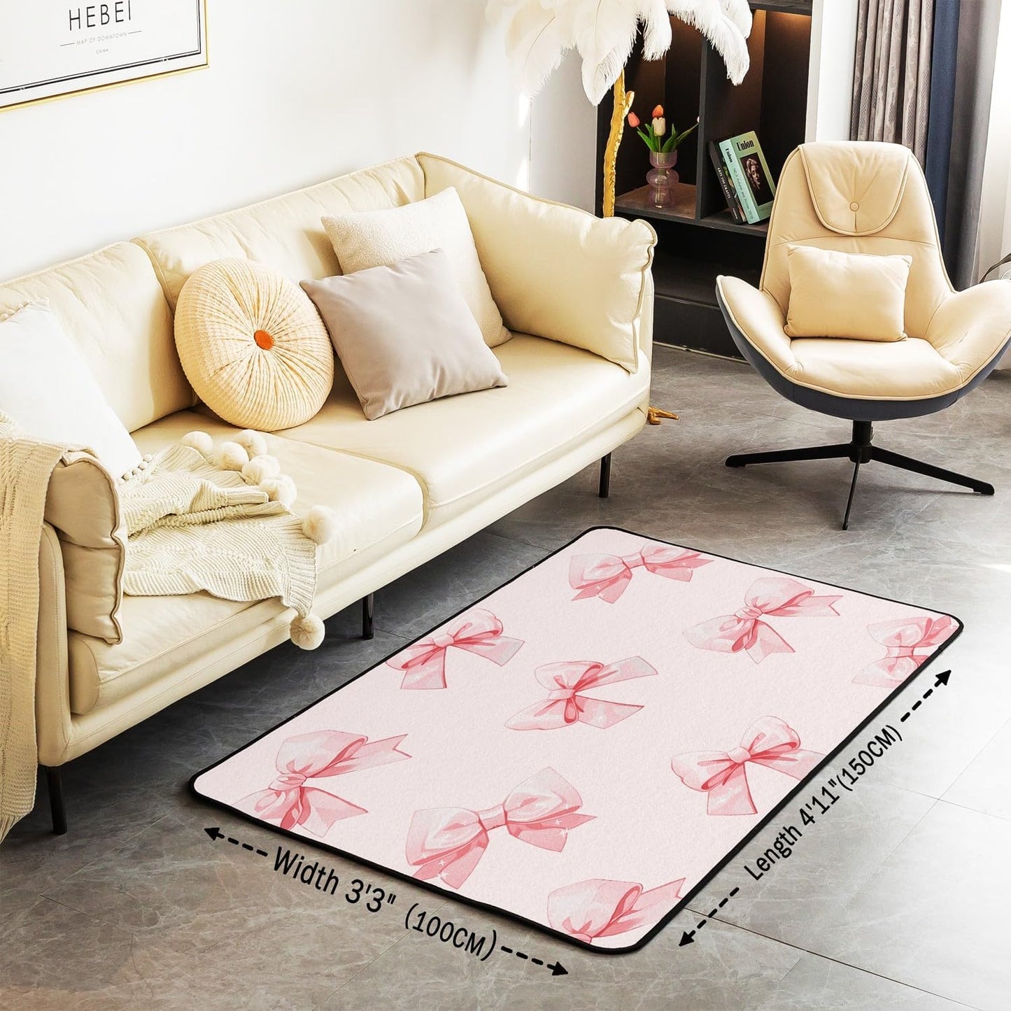 Pink Bow Carpet 4'11" x 3'3",Princess Style Bowknot Area Rug,Cute Kawaii Bow Indoor Floor Mat for Kids Girls Teen Women,Watercolor Girly Bowknot Room Decor