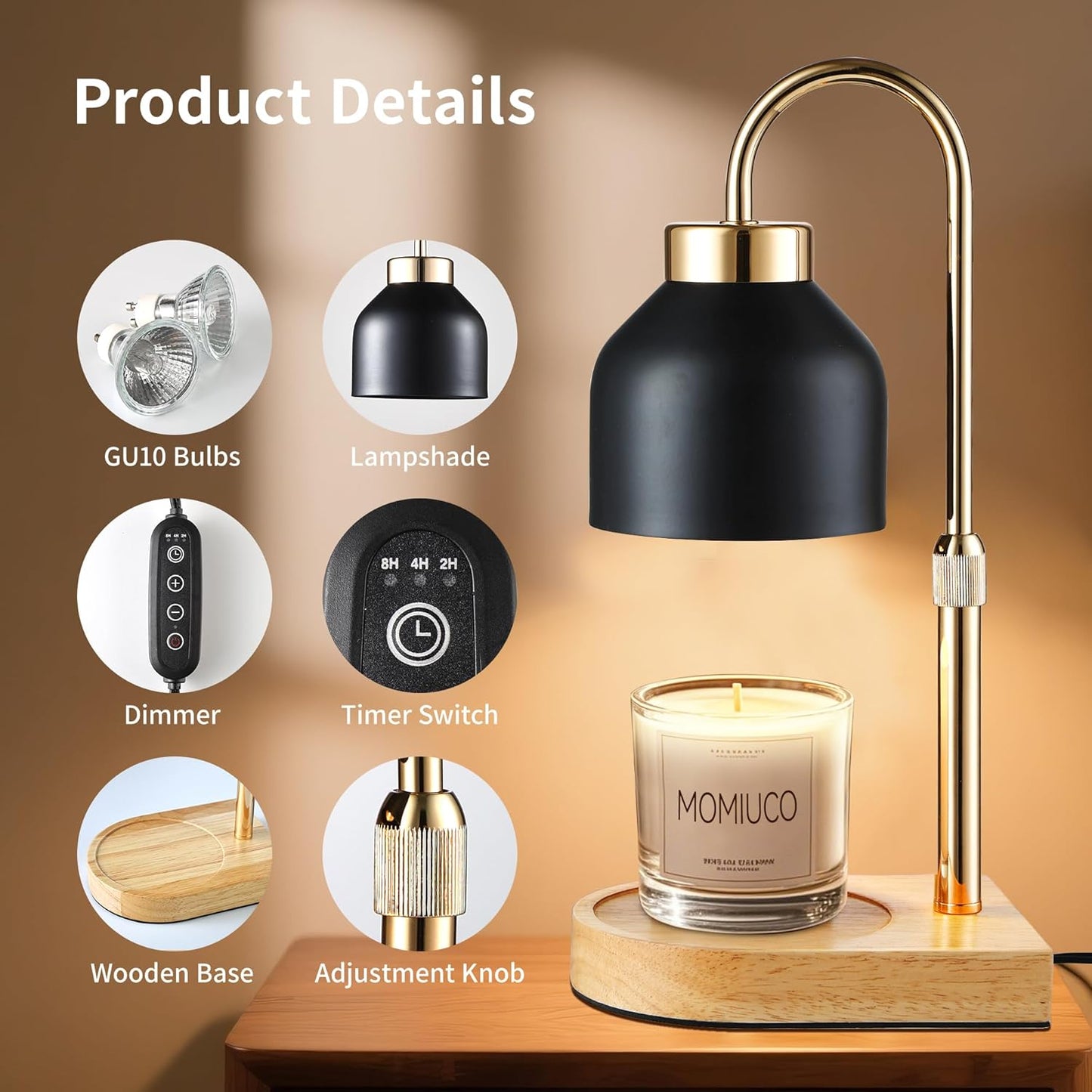 Candle Warmer Lamp with Timer and Dimmer, Height Adjustable Wax Melts Warmer for Jar Candles, Modern Retro Glass Shade Wood Base, Aesthetic Home Decor, Birthday Gifts for Women Mom, 2 Bulbs