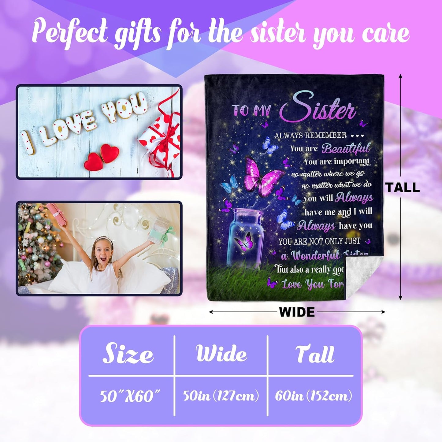 Sister Birthday Gifts - Cozy Blanket 50"x60", Perfect Present for Sisters, Best Ever Gift for Women, Ideal Soul Sisters Surprise, Unique Birthday Idea from Sister