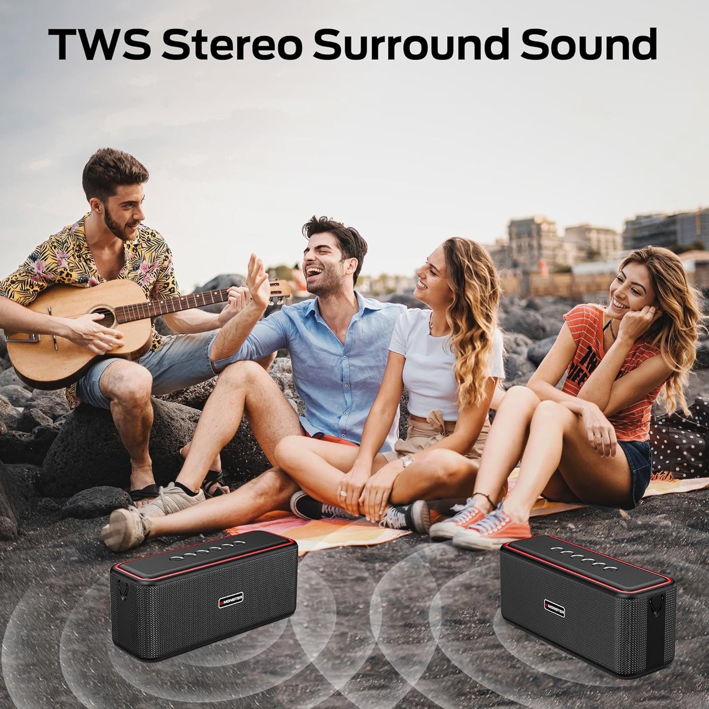 Monster Shock Pro Bluetooth Speaker with Strap, 80W Loud Speaker with Deep Bass, Portable Wireless Speakers with TWS, Long Playtime & Waterproof for Outdoors/Indoors, Supports AUX/TF Card/USB Audio