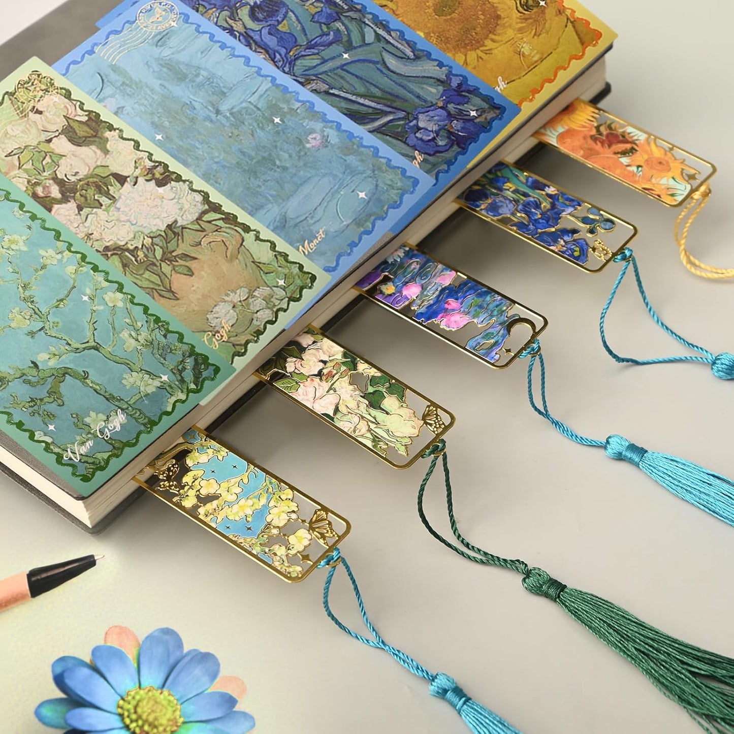 5 Pcs Metal Bookmarks with Tassel, Oil Painting Flowers Theme Exquisite Bookmarks, Book Accessories Gifts for Book Lovers Writers Readers Children Teens Men Women Adults (Flowers-5pcs)