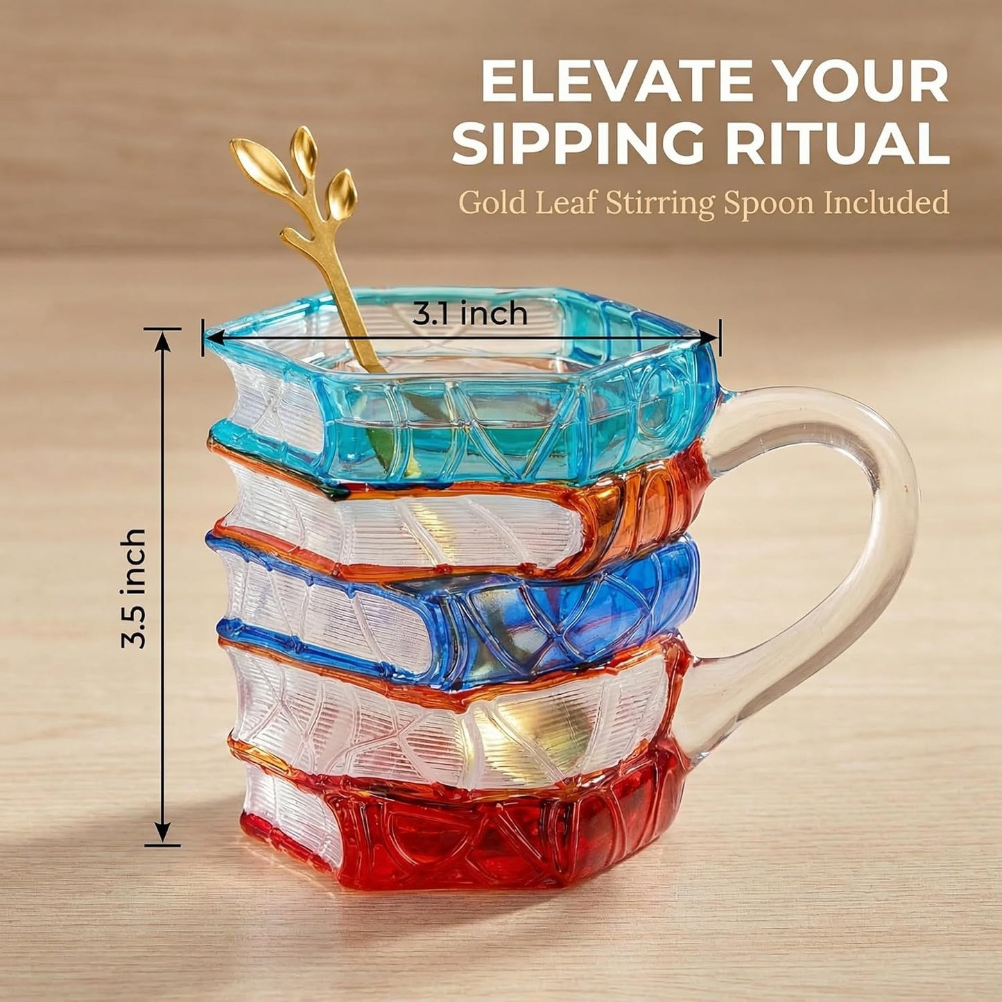 3D Book Mug, Painted Stained Glass Style Coffee Cup, 12oz Glass Library Mugs for Book Lovers, Novelty Reader Gifts with Gold Leaf Spoon, Chapter Cup for Library and Home Office