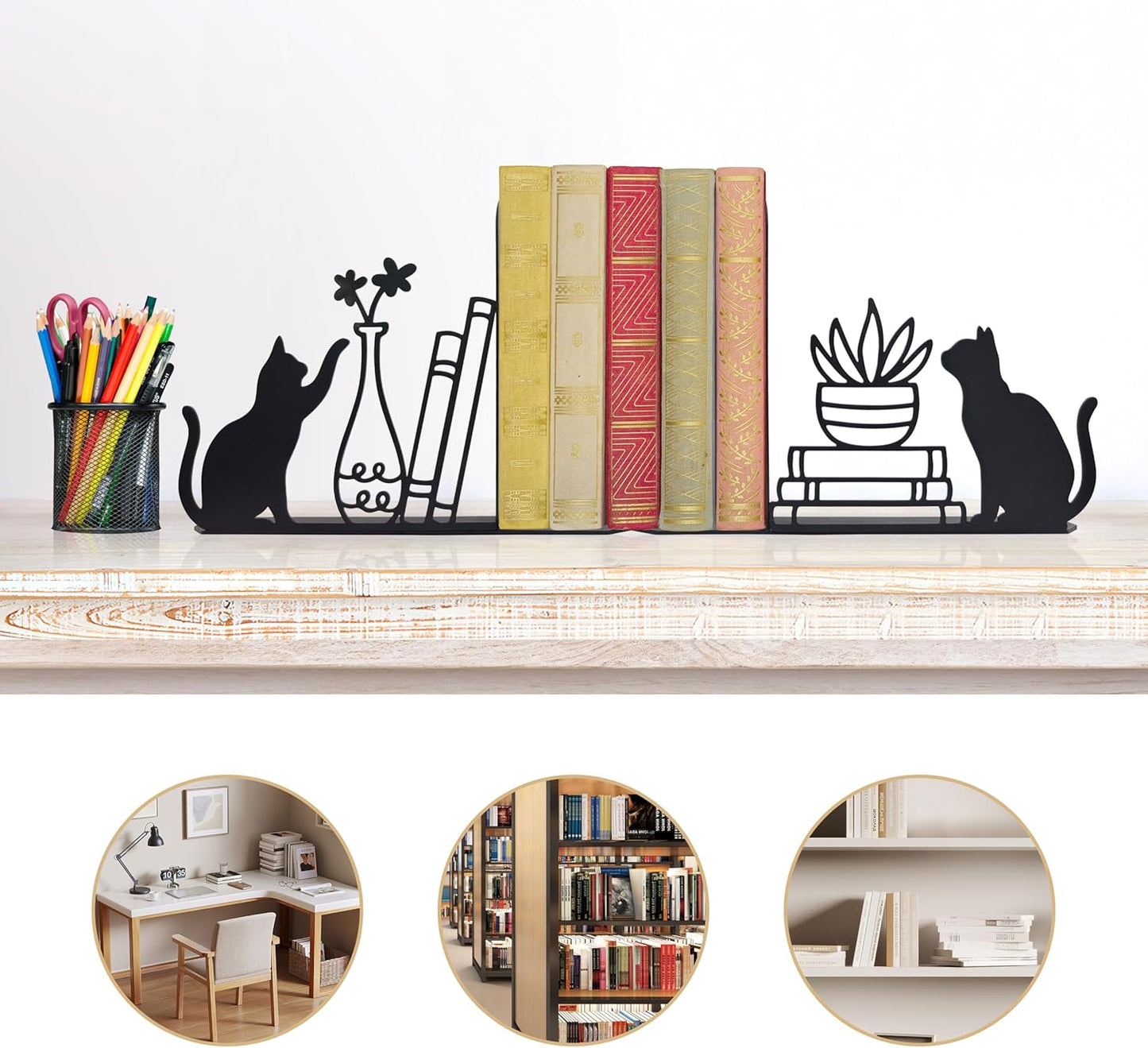 Whimsical Cat & Botanical Bookends – Unique Metal Bookends with Cats, Plants & Stacked Books Design | Cute Decorative Book Supports for Cat Lovers