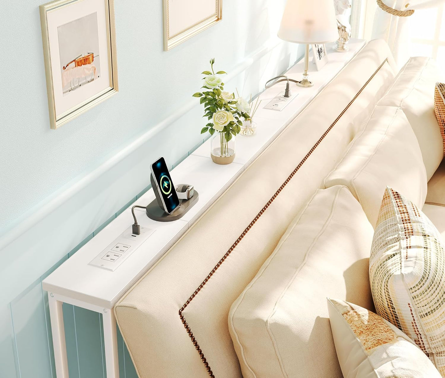 SUPERJARE 5.7 Inch Narrow Console Table with Outlet, Sofa Tables, Total Length 78.8'', Behind Couch Table, Long Entryway Tables with Charging Station, for Living Room, White