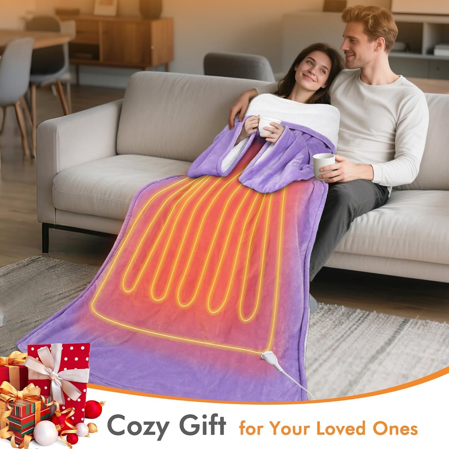 Tirrinia Wearable Heated Blanket with Sleeves, Cozy Sherpa & Fleece Electric Throw with 5 Heat Levels & Timer, Warm Snuggle Blanket for Sofa, Bed, Office, Winter Gift, Purple