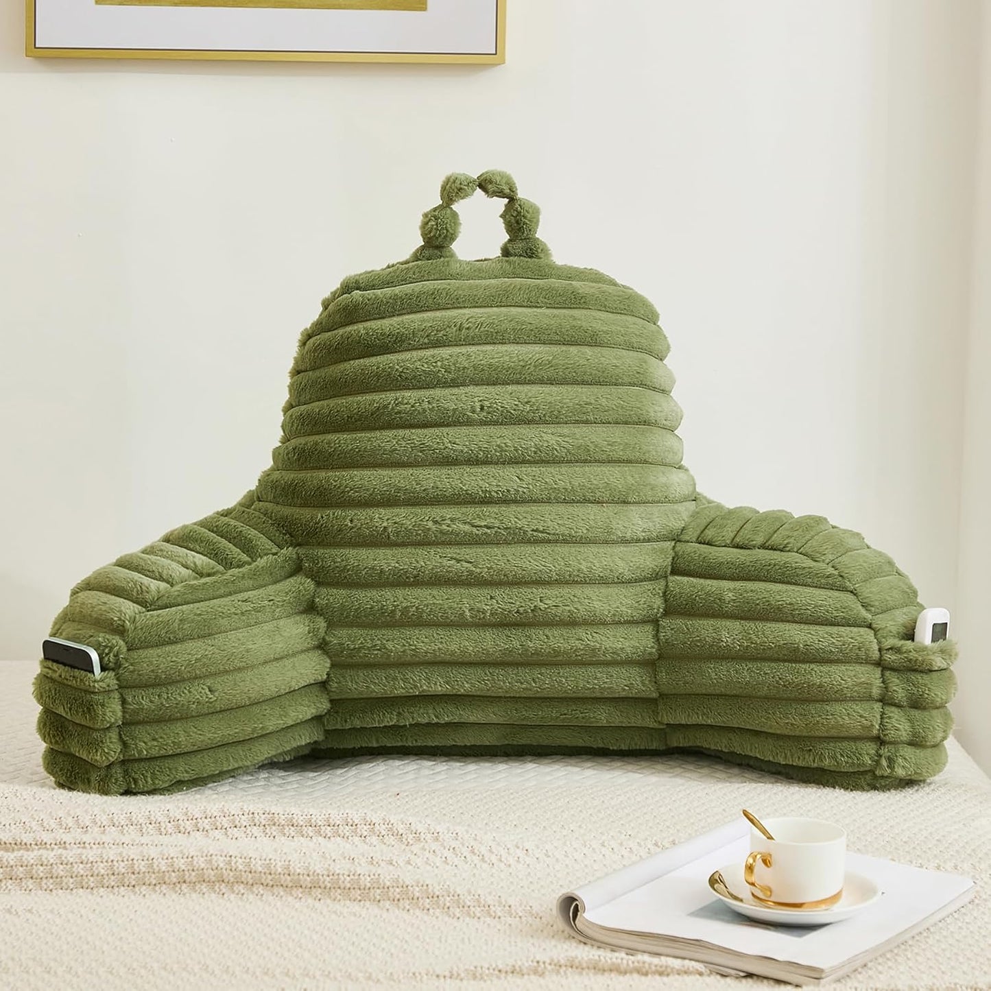 Faux Fur Fluffy Sage Reading Pillow with Pockets, Luxury Striped Plush Decorative, Arm Rests and Back Support for Bed Rest, Lounging on Sofa, Extra Large Size for Adult.