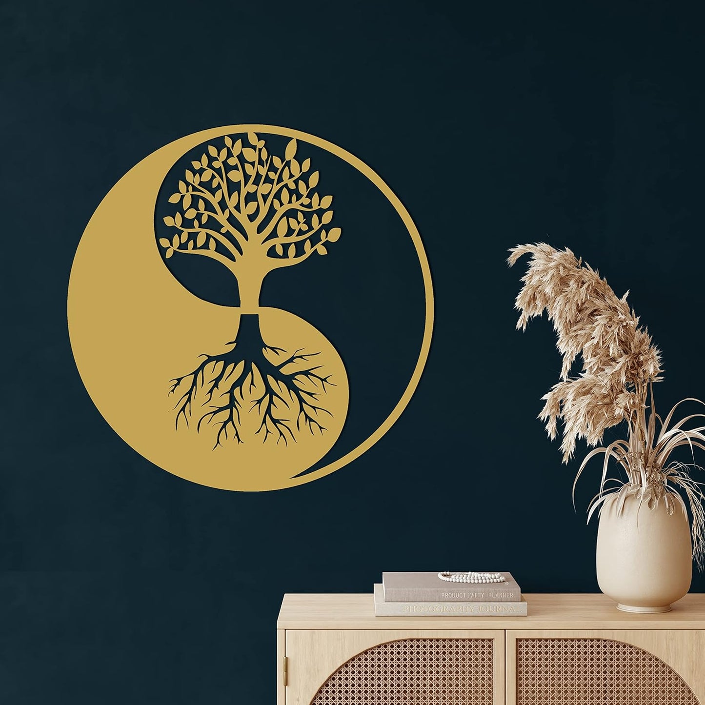 Metal Wall Decor, Tree Of Life Ying Yang, Home Living Room Decor, Wall Sign, Metal Wall Art, Interior Decoration, Indoor Outdoor Hangings, Gold (60x60cm)