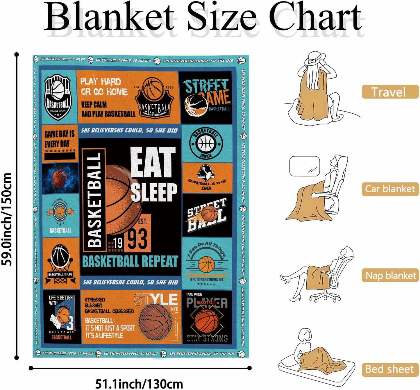 Basketball Throw Blanket 60 x 50 – Soft Flannel Fleece Sports Room Decor for Boys & Girls, Teen Collage Poster Style, Cozy Couch/Bed Throw, Machine Washable Gift for Basketball Fans