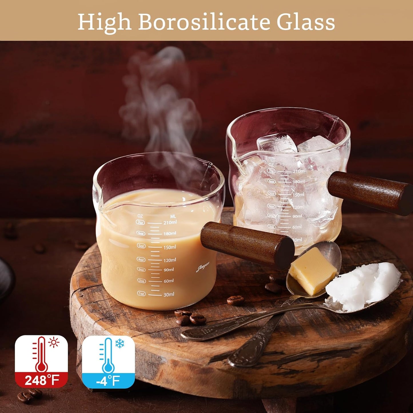 Joeyan 9 oz Espresso Cups, Espresso Shot Cups, Glass Measuring Cup with Double Spouts and Wood Handle, Wave Shaped Triple Pitcher Milk Cup, Borosilicate Clear Coffee Bar Accessories