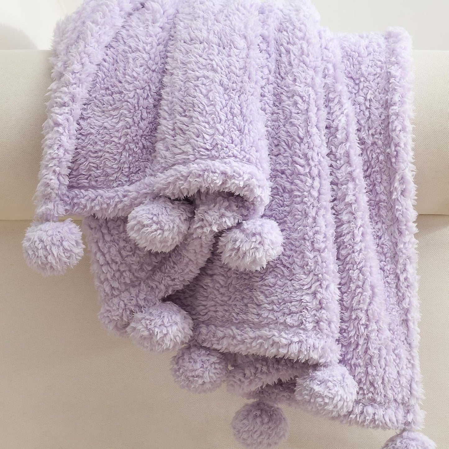 HORIMOTE HOME Ultra Soft Cozy Sherpa Throw Blanket with Pompom Fringe, Light Weight Warm Decorative Boho Style Plush Throw Blanket Cover for Couch, Sofa, Bedroom,Travel, Outdoor, 50”x60”, Purple