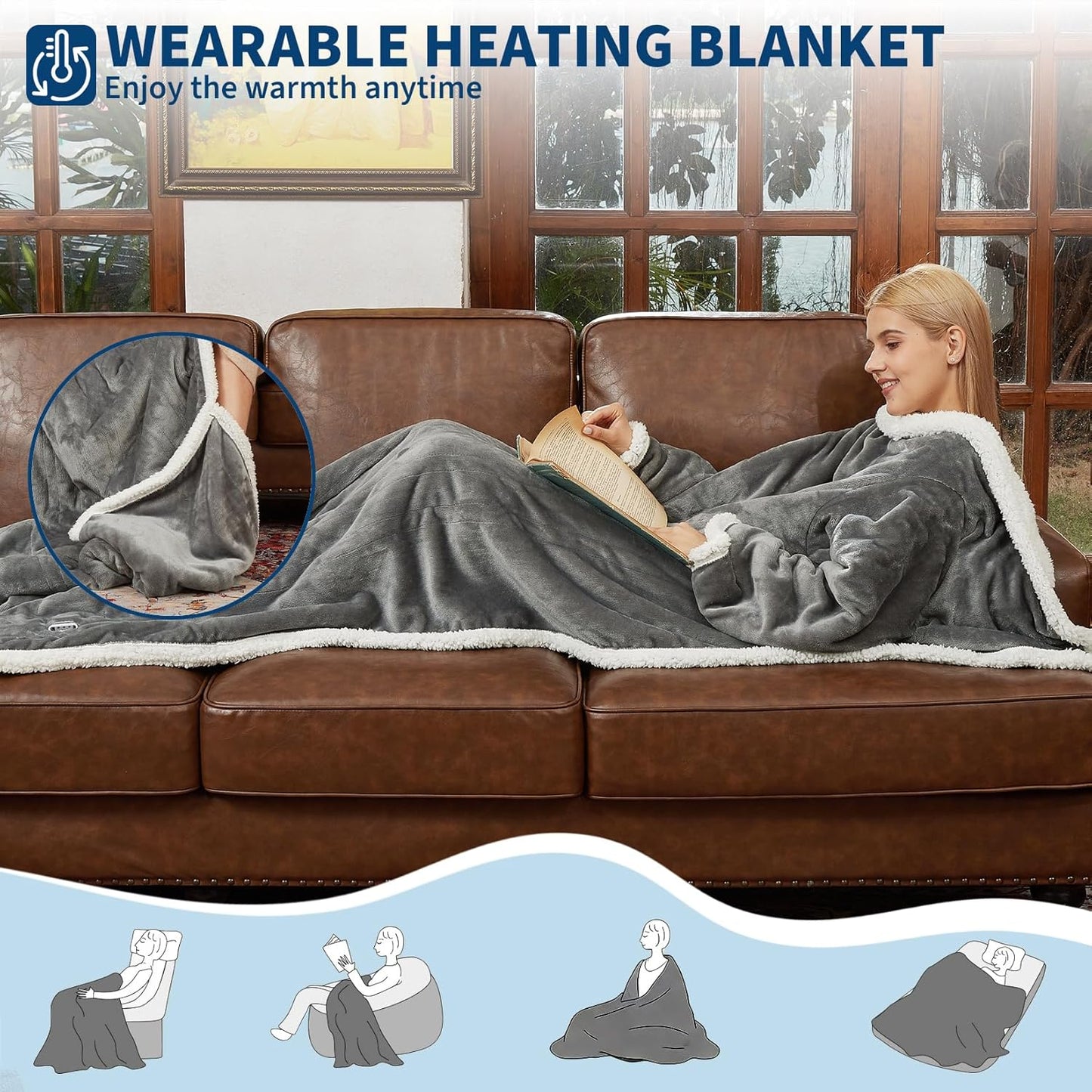 GarveeHome Wearable Heated Blanket with Foot Pocket & Sleeves, Electric Snuggle Throw Blankets, Flannel & Sherpa, 6 Heat Settings & 2–10 H Auto Shut-Off, 50"×70"+18", Grey