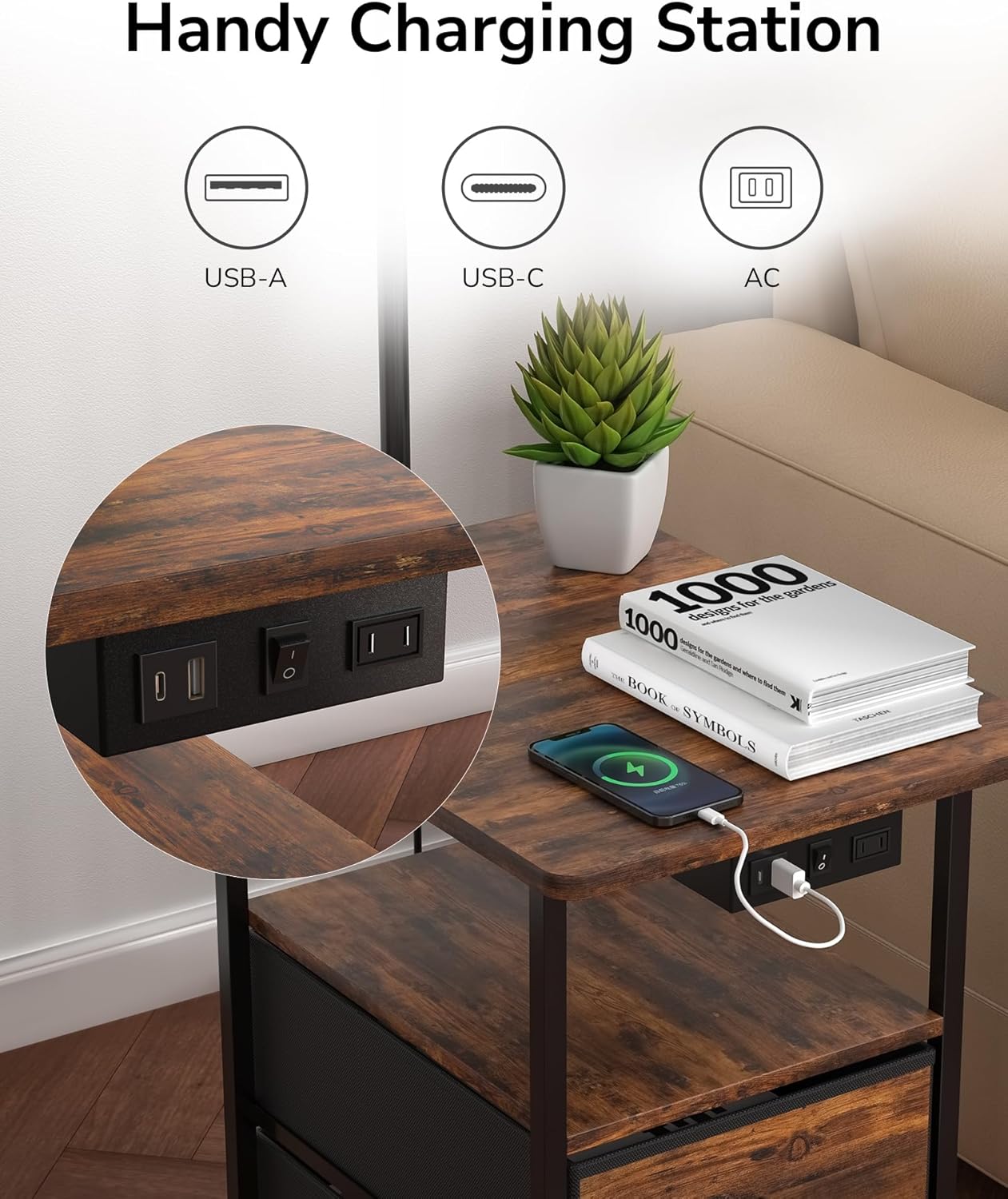 JACKYLED Floor Lamp with Table & 2 Drawers, 3 Color Temperature End Table Flood Lamps with Charging Station (USB, Type-C, AC), Vintage Side Table with Lamp for Reading, Bedroom, Living Room