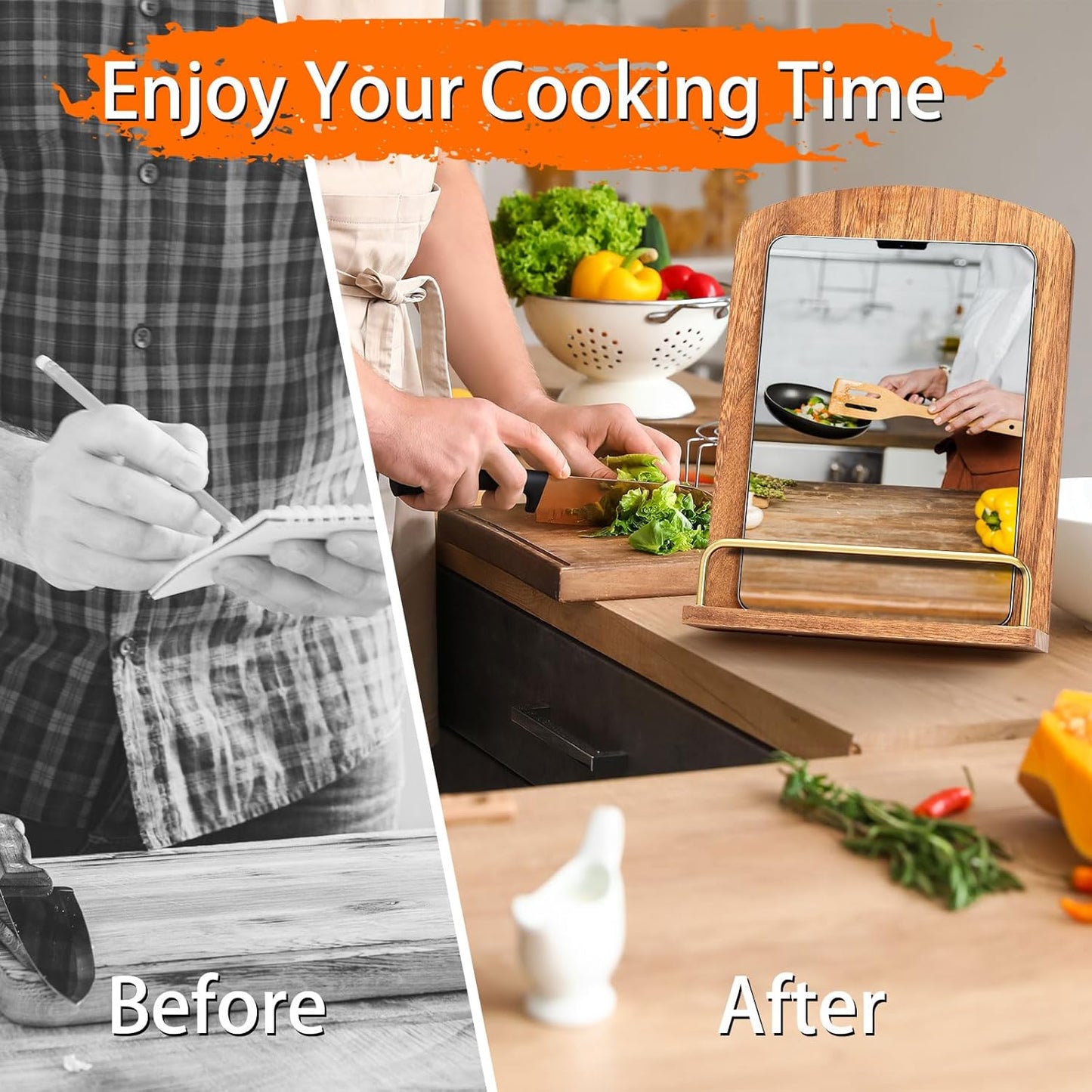 Cookbook Stand for Kitchen Counter Adjustable - Wood Recipe Book Holder for Convenient Cooking Fit iPad Tablet Recipe Book Holder