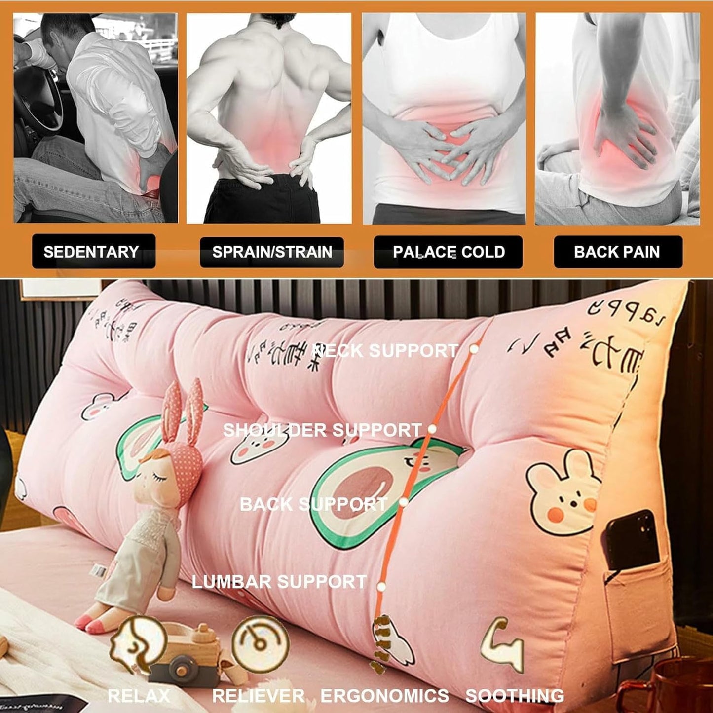 Triangular Headboard Pillow,Cute Triangle Cushion Reading Pillow,Large Bolster Positioning Support Removable Wedge Pillow for Daybed Bunk Bed Dorm~/