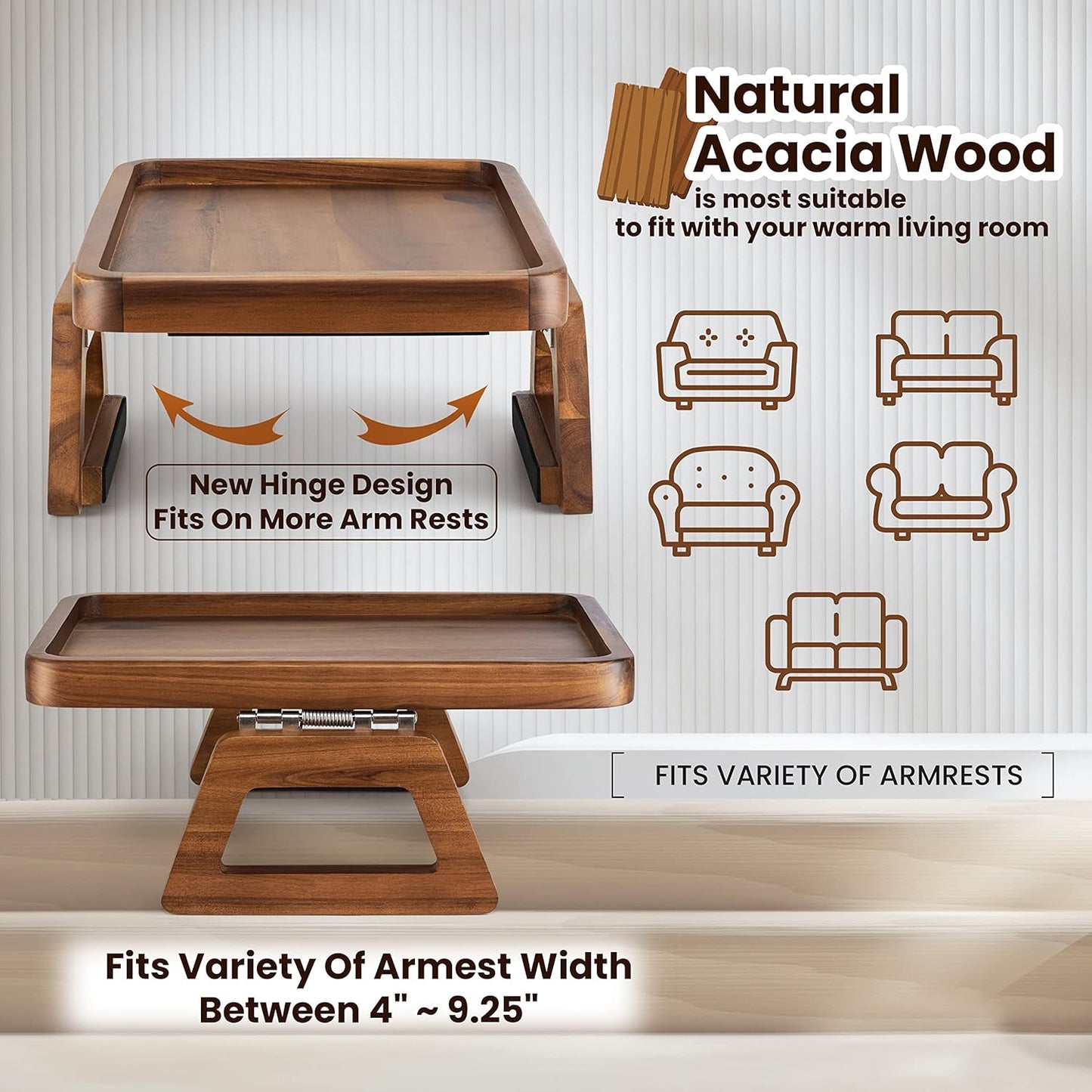 Tinamo 13.75" x 9.5" Acacia Couch Arm Table, Wooden Sofa Arm Tray, Armrest Table for Couch Wooden Sofa Armrest Tray, Clip-on Tray for Wide Couch - Side Table for Eating & Drink, Snack, Phone, Remote