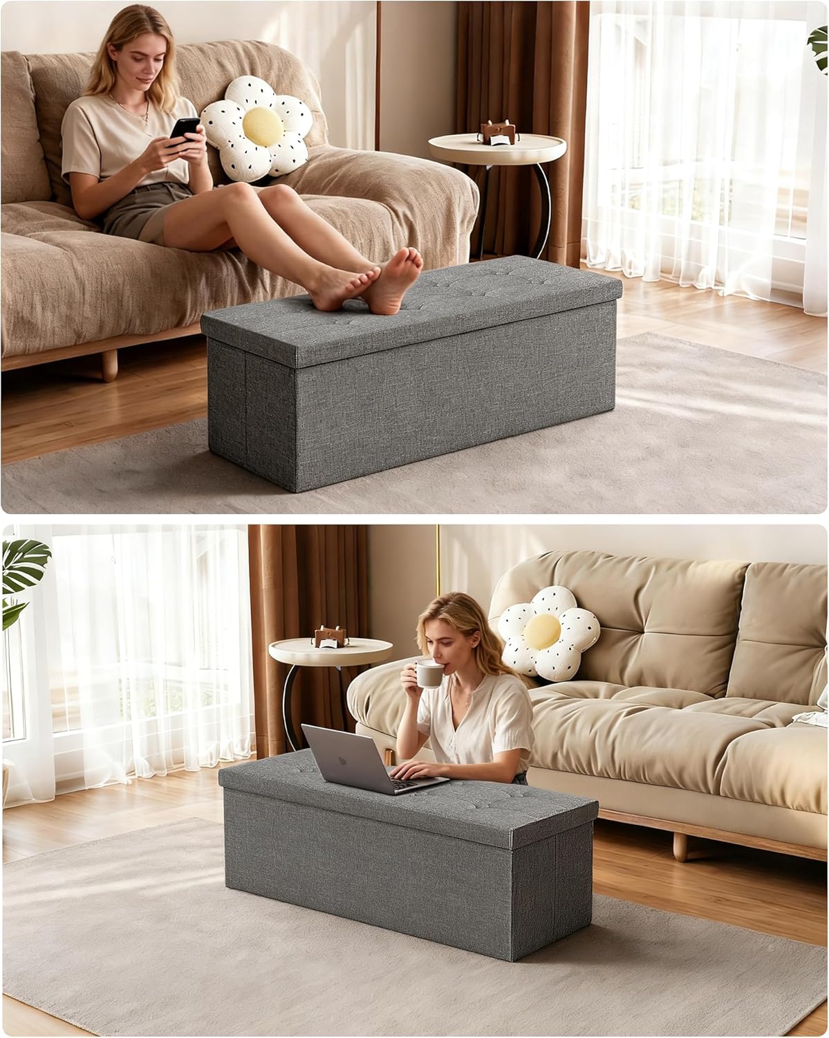 GLAXYFUR 43.3 inches Folding Storage Ottoman Bench Storage Chest Footrest for Bedroom, Entryway and Living Room, Holds up to 660 lb Dark Grey