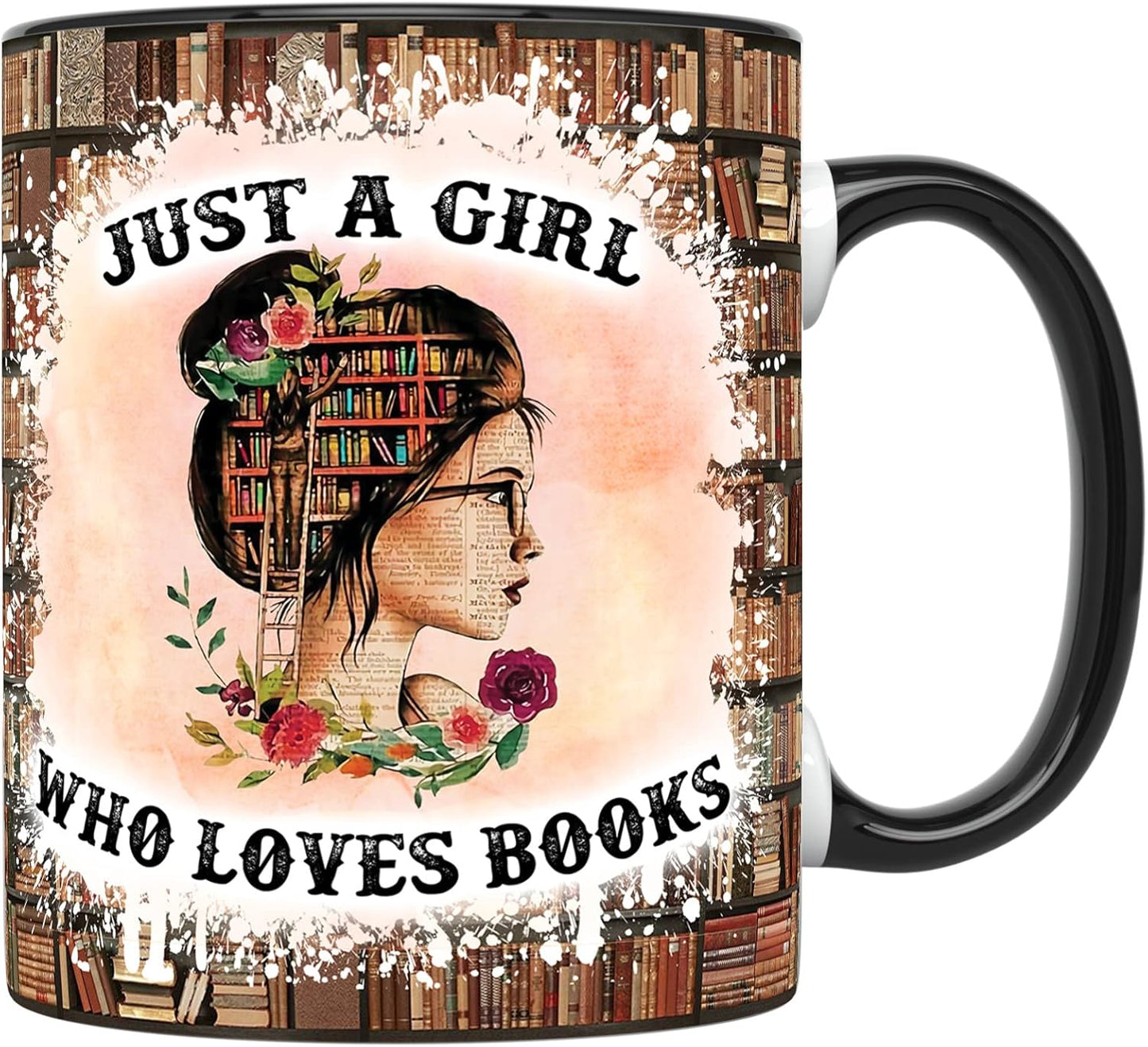 YouNique Designs Just a Girl Who Loves Books Mug, 11 Ounces, Book Club Cups, Book Lovers Coffee Mug, Librarian Mug, Bookworm Cup, Book Mug, Bookish Items, Reading Mug, Book Nerd Mug (Black Handle)