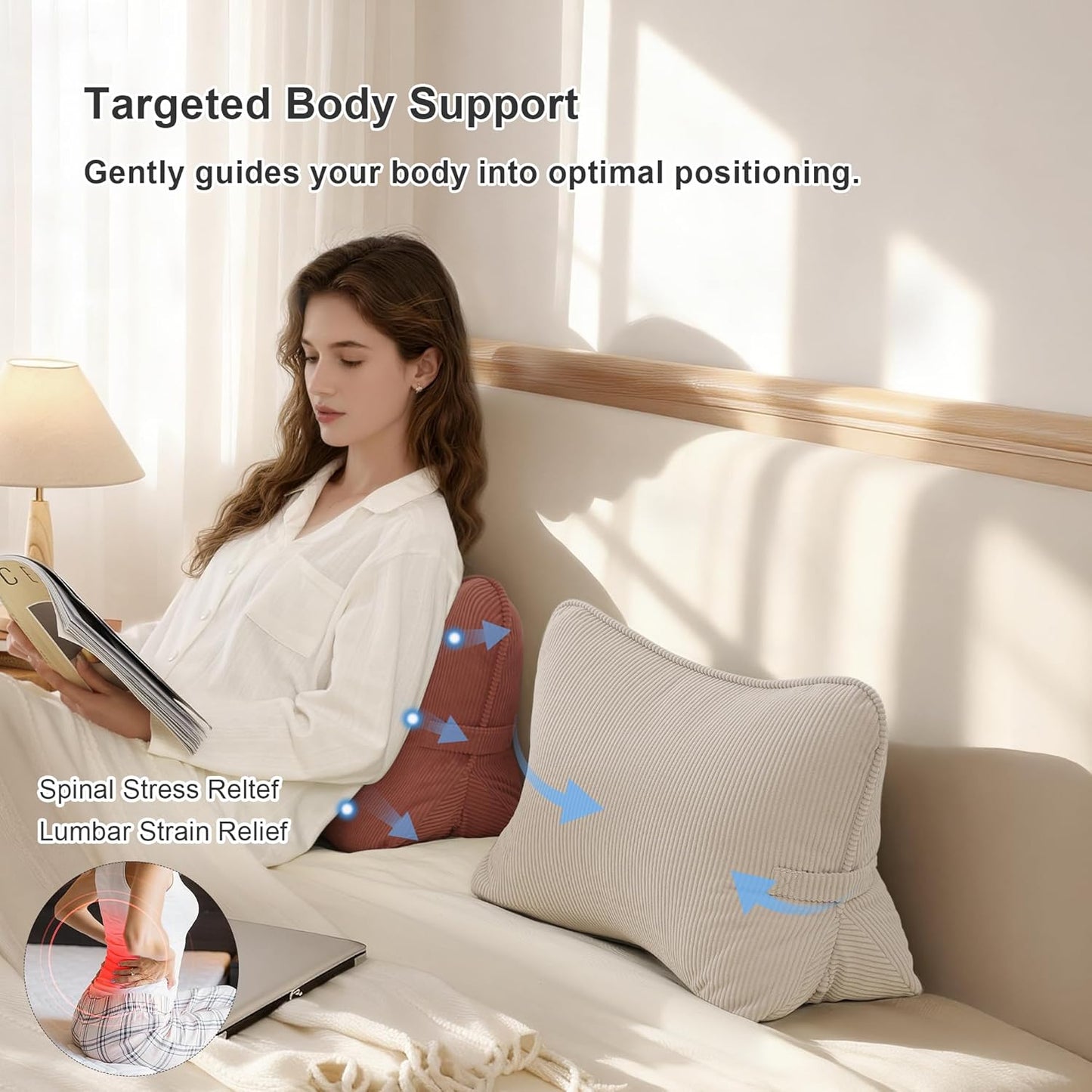 Corduroy Back Pillow for Sitting Up & Reading, Ergonomic Triangle Lumbar Support Cushion for Sofa, Armchair & Bed, Removable Cover, Brick Brown