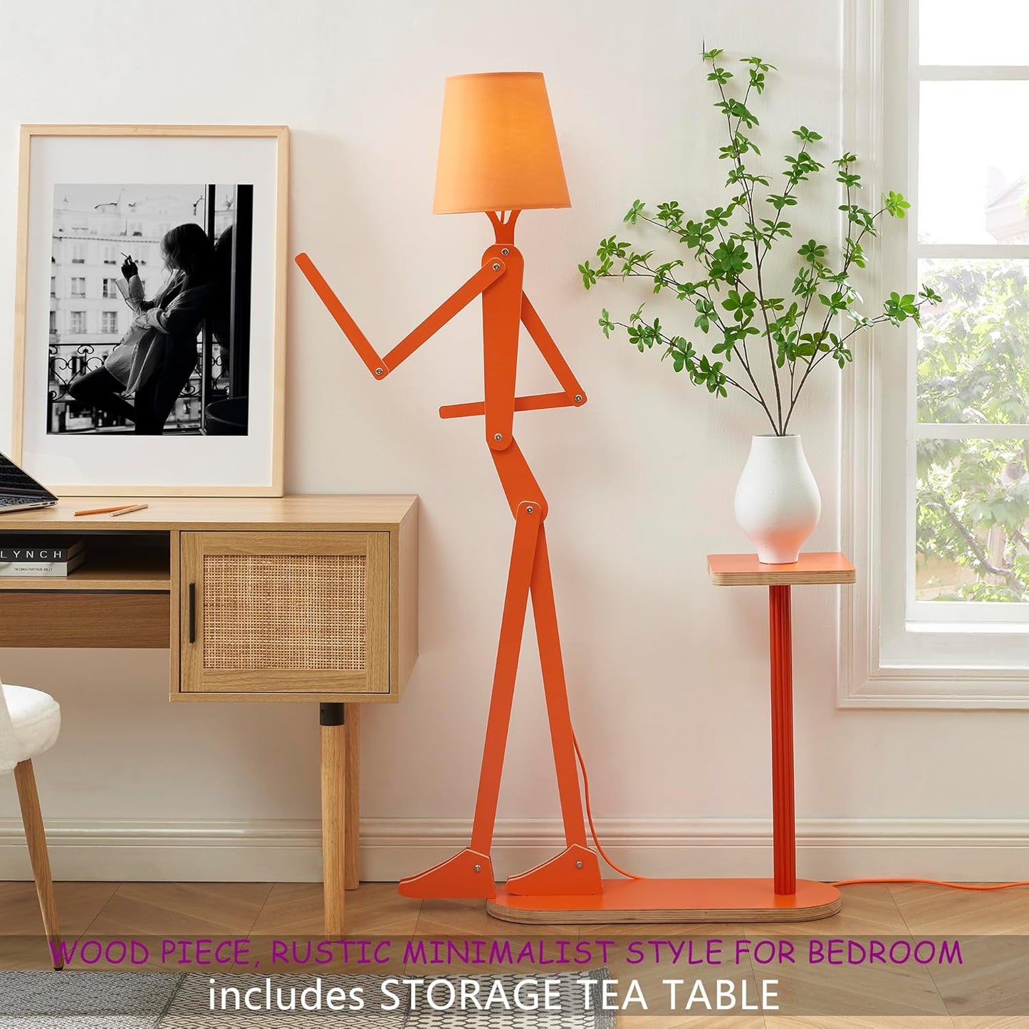 Unique Wood Floor Lamp Tea Table Storage for Living Room Bedroom Kids Bedside - Corner Reading Creative Swing Arm Standing Light for Home Office Farmhouse - LED Bulb Included (Orange Table)