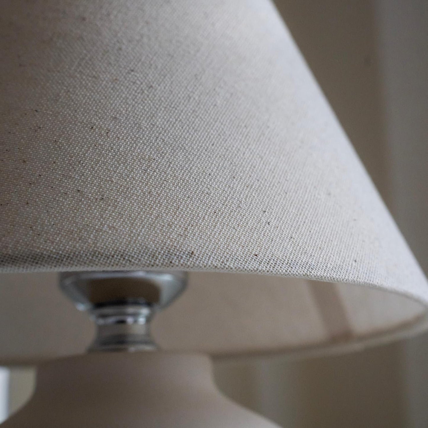 11" Small Table Lamp – Handmade Round Ceramic Cream Base with Off-White Fabric Shade, Dimmable Plug-in Nightstand or Accent Light – Organic Boho Japandi Decor for Bedroom or Small Spaces