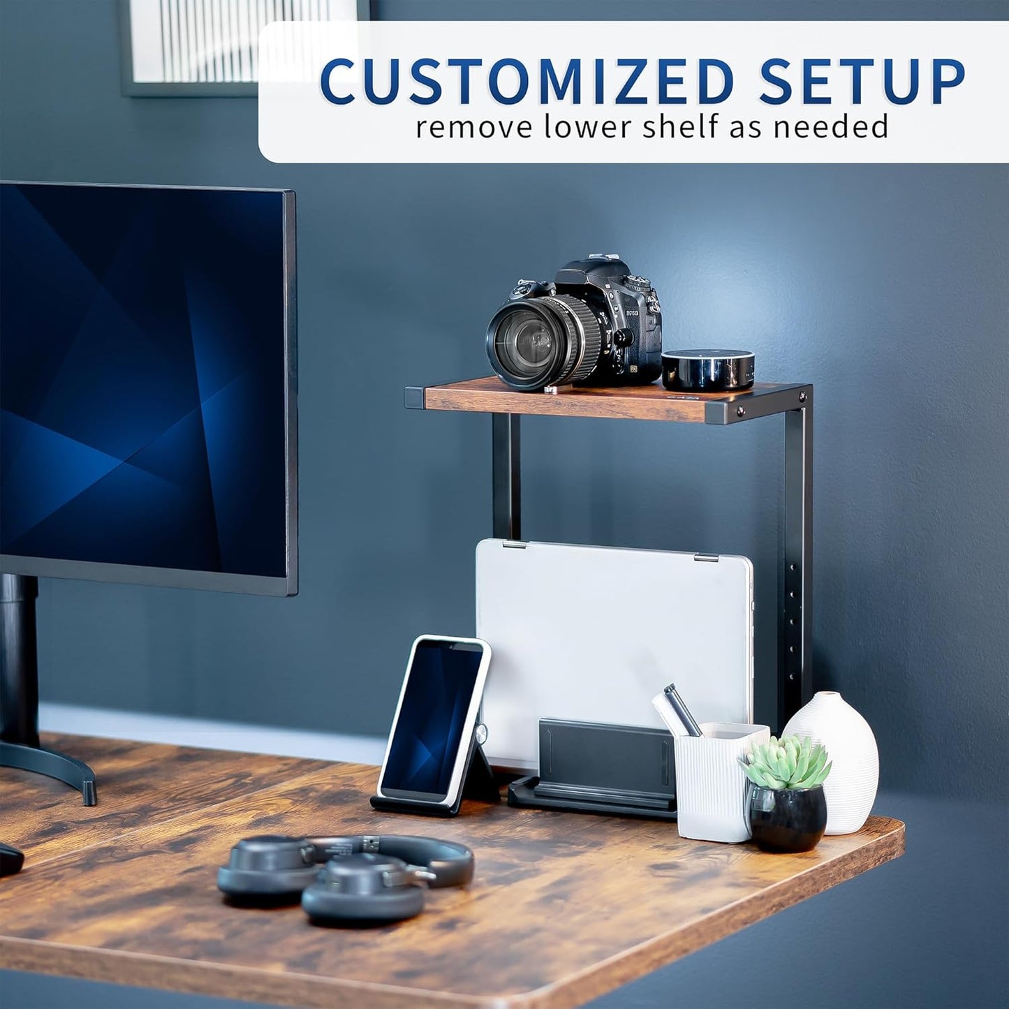 VIVO Clamp-on 13 inch Above or Below Desk 2-Tier Shelving Unit for Table Accessories, Gaming Devices, and More, Storage Tray, Desktop Organizer, Rustic Vintage Brown, STAND-SHELF2C-N