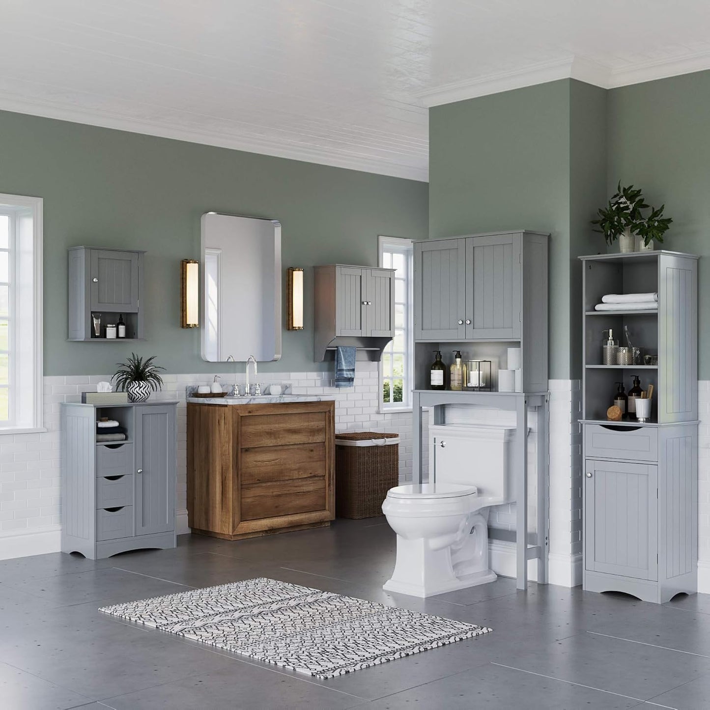 RiverRidge, Gray Ashland Bathroom Freestanding Storage Cabinet with Three Open Shelves and Drawer, Size