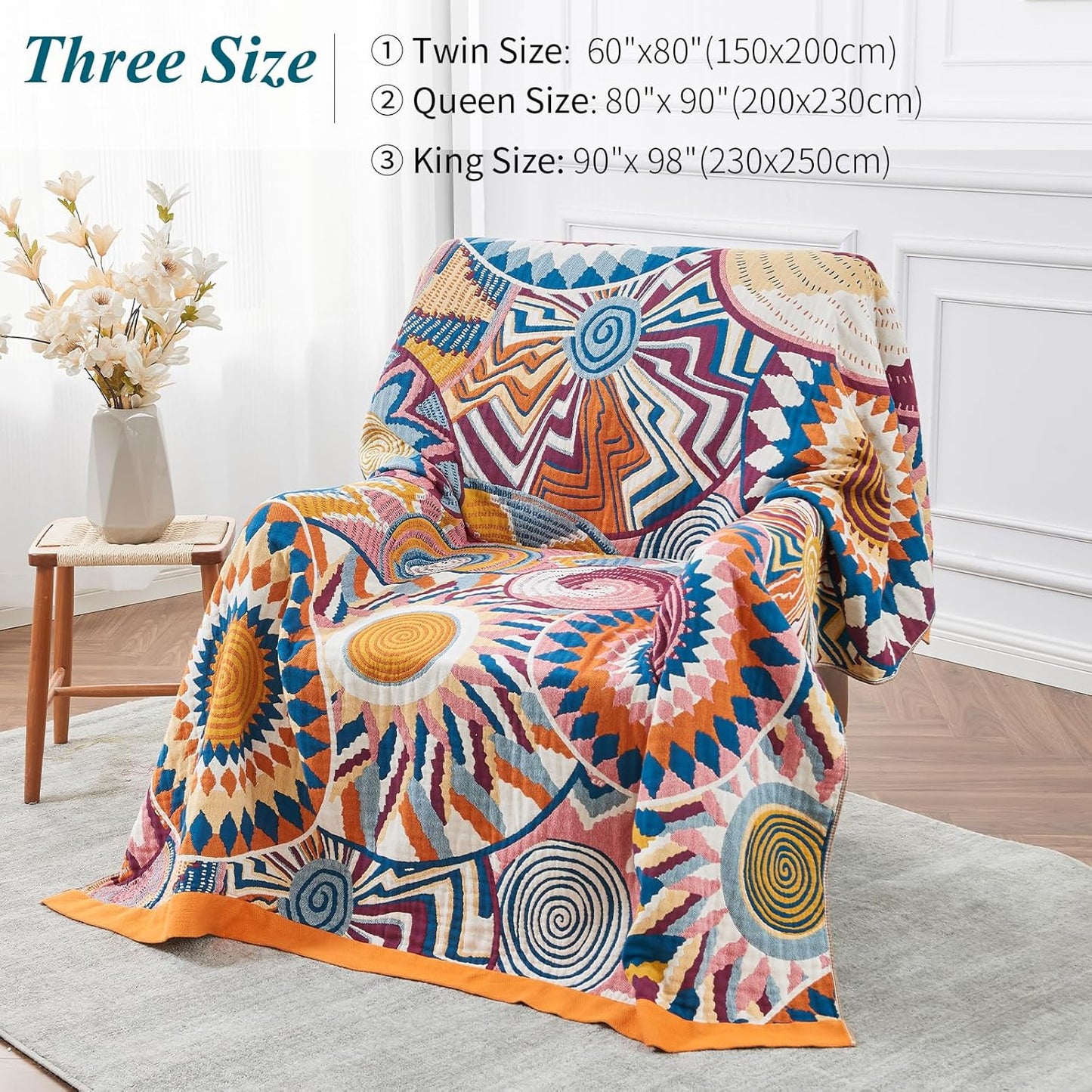 Boho Throw Blanket for Bed-100% Cotton Soft Breathable Farmhouse Decor Boho Quilt for Sofa (Colorful Sun, 60"x80")