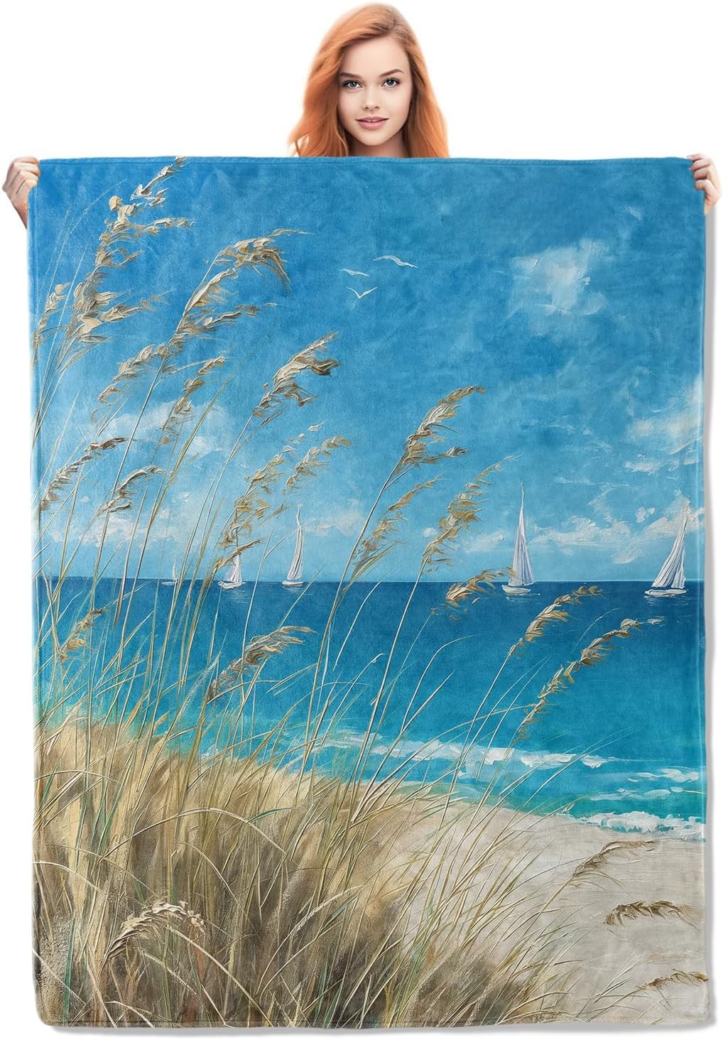 Beach Sea Blanket Gifts for Women Adults Soft Warm Lightweight Cozy Seaside Coastal Blue Ocean Nautical Modern Throw Blankets for Bed Living Room Sofa Travel Home Decor 50"x60"