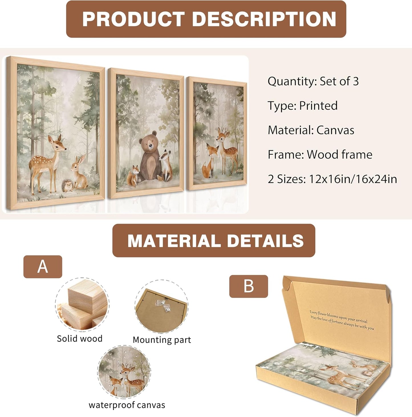 Framed Woodland Wall Art Set of 3, Wild Animals Nursery Wall Decor, Cute Bear Fox Deer Watercolor Canvas, Forest Animal Pictures Print for Baby Room Decor Home Decoration – 12X16 inch
