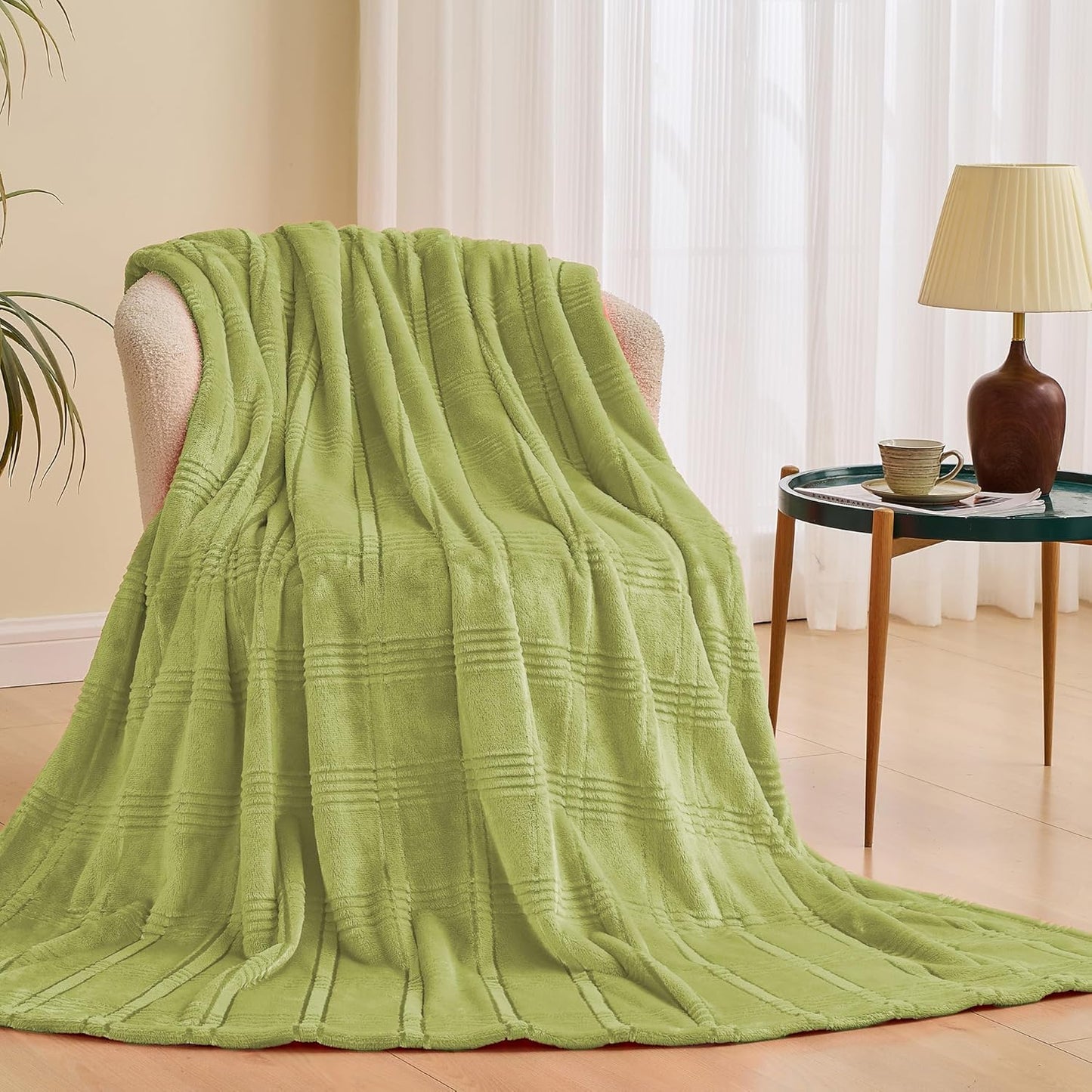 Super Soft Flannel Throw Blanket 50x60 Inches, Premium Checkered Jacquaed Silky Fleece Lightweight Bed Blanket All Season Use, Olive Green Strip, 50"x60"