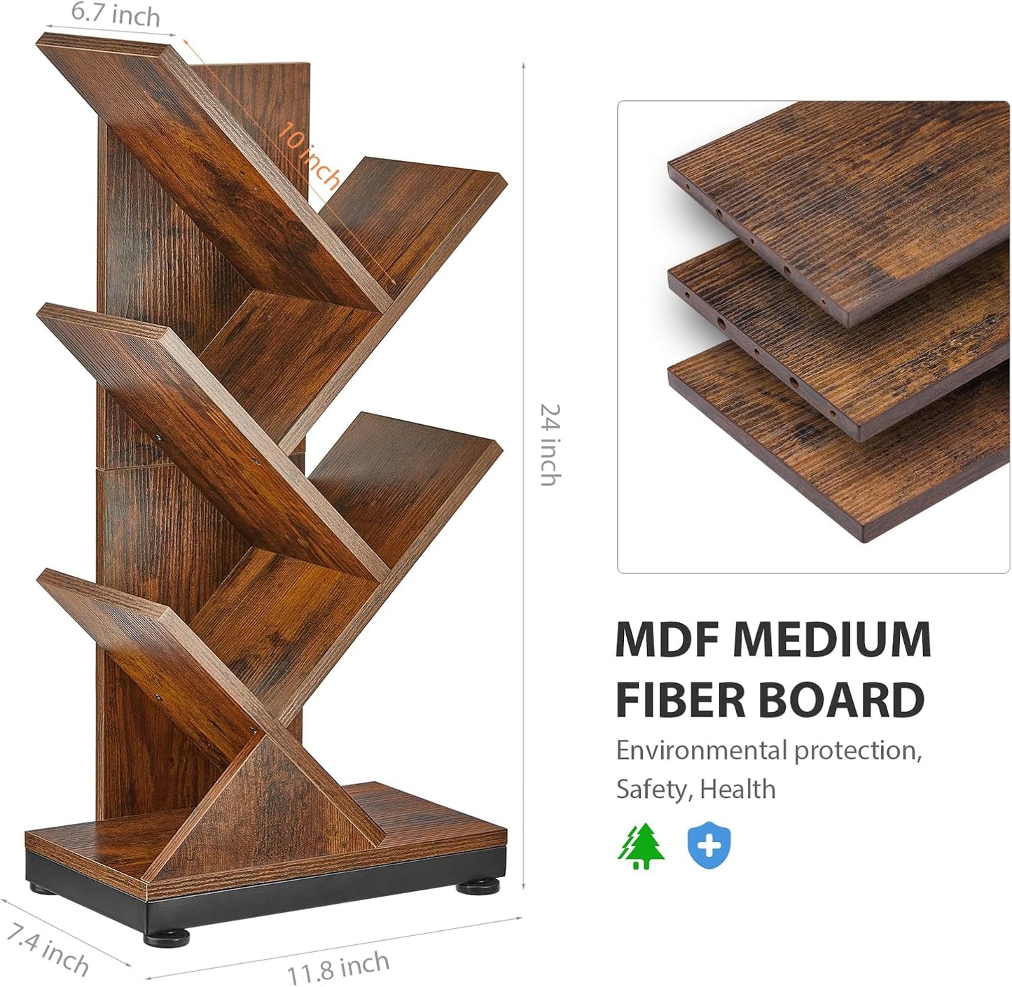 ruboka Tree Bookshelf,Retro Floor Standing Bookcase Display for CDs/Magazine/Books,Small Bookshelf for Bedroom,Living Room,Office,Balcony,Brown Storage Shelves (Brown, 5 Tier)