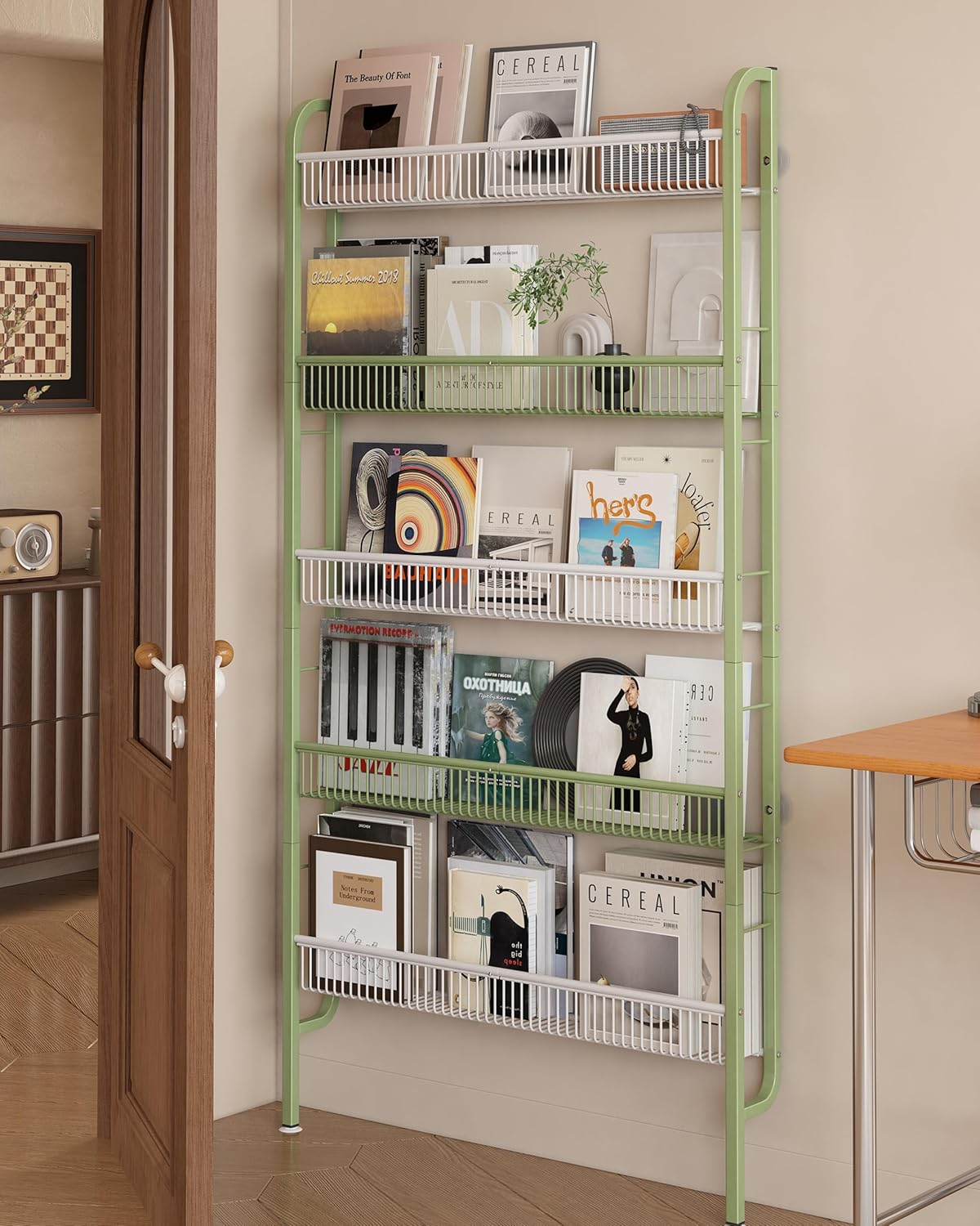 UMDONX Behind The Door Bathroom Shelf Narrow 5-Tier, Space-Saving Slim Storage Shelf Narrow Shelving Unit for Bathroom and Kitchen White+Green