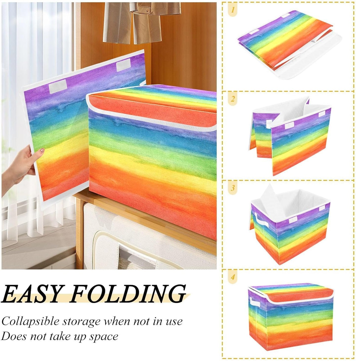 Large Collapsible Storage Bins with Lids, Colorful Stripe Rainbow Storage Baskets Organizer Containers with Handles for Clothes