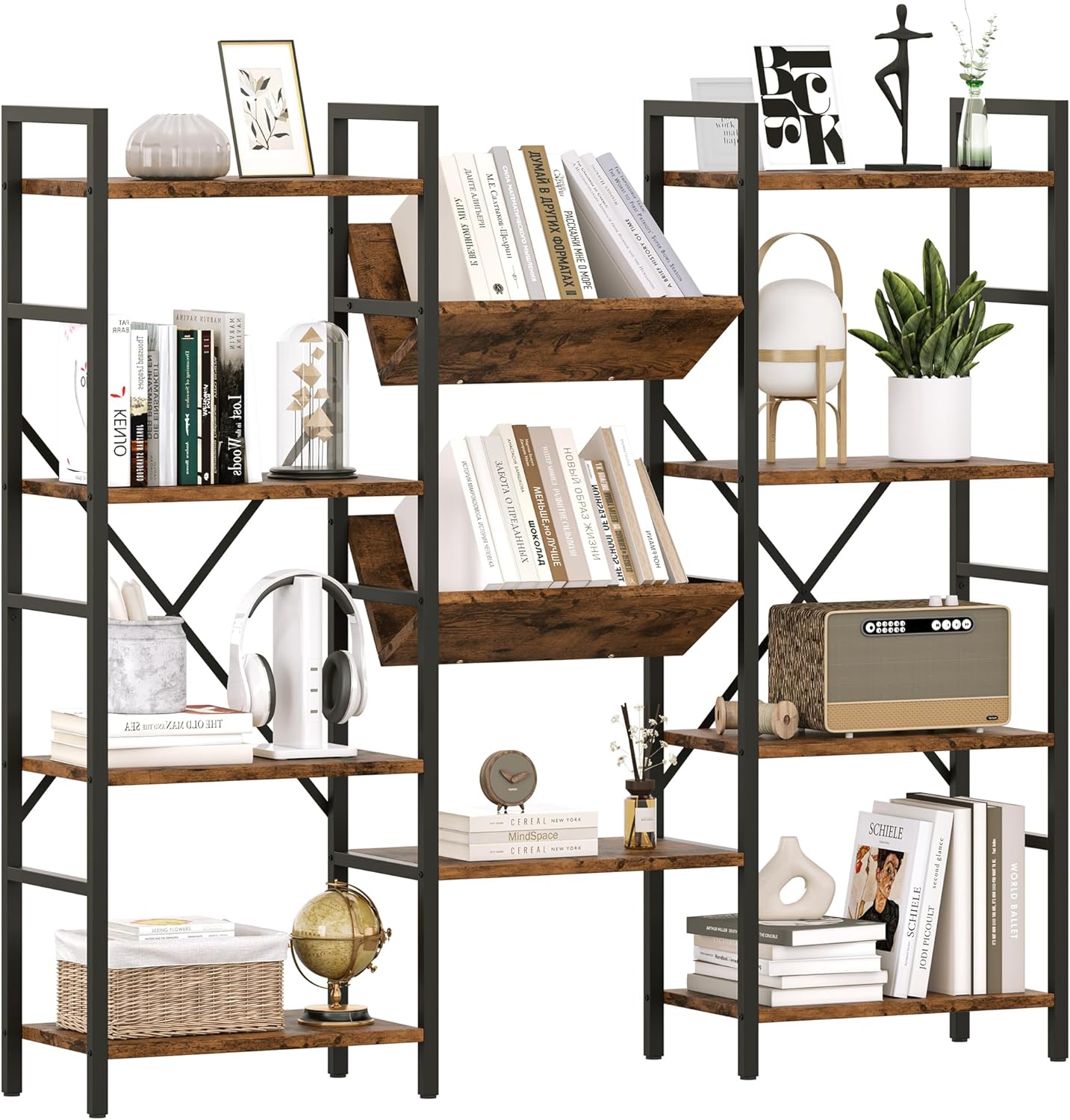 GAOMON Triple Wide 4 Tier Book Shelf, Tall Bookshelf with Open Display Shelves, Industrial Large Bookshelves and Bookcases with Metal Frame for Living Room, Bedroom, Home Office-Rustic Brown