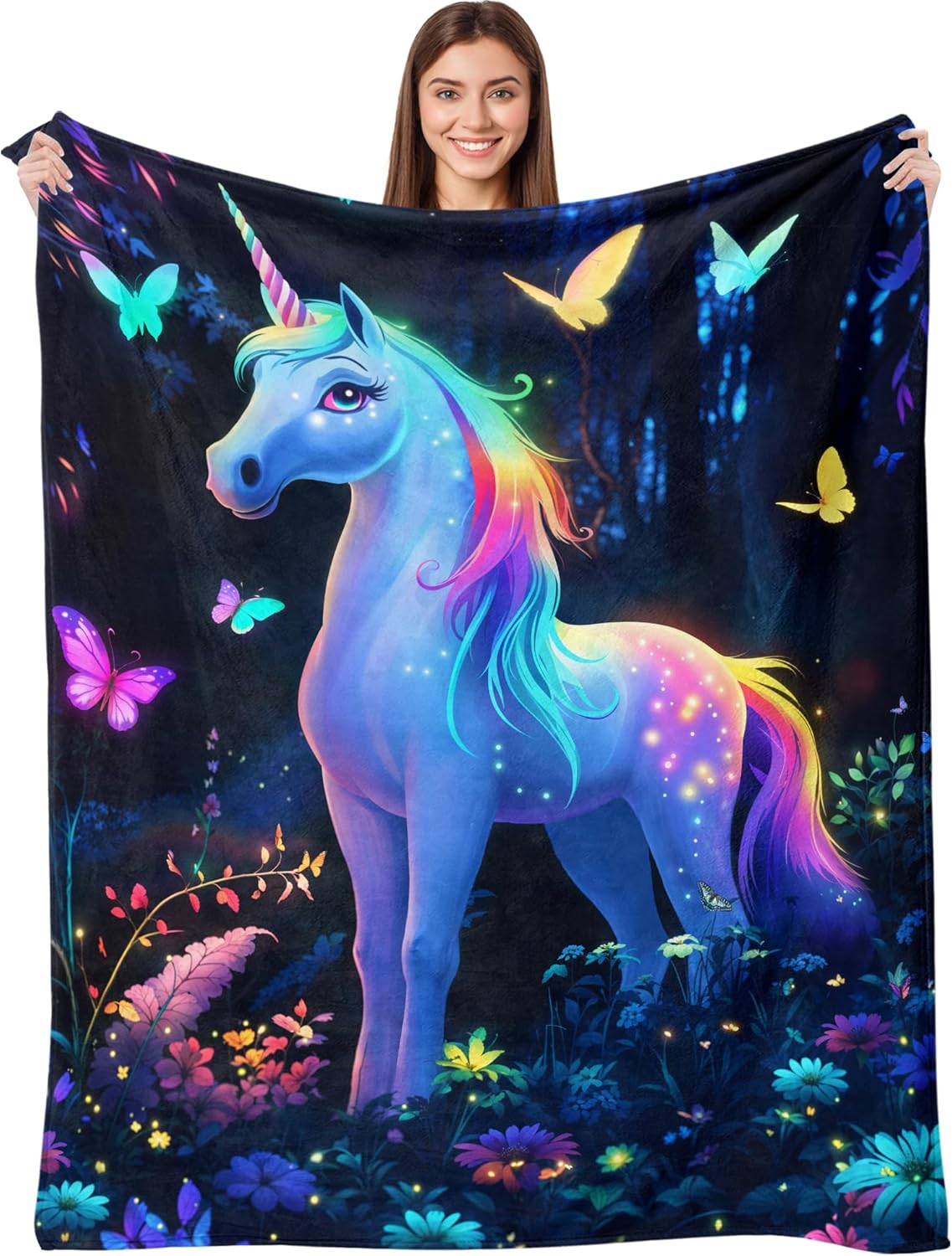kampdream Unicorn Flannel Blanket, Enchanted Forest Dream with Rainbow Mane and Tail Butterfly Surrounded Super Soft and Warm for Couch Sofa Living Room Ideal Gift for Girls Teens 50×60 inch