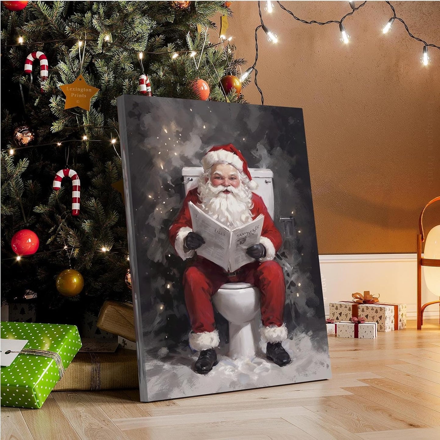 Funny bathroom wall decor Santa Claus going to toilet and reading newspaper art print bathroom wall art farmhouse wall decor canvas wall art for bedroom christmas posters