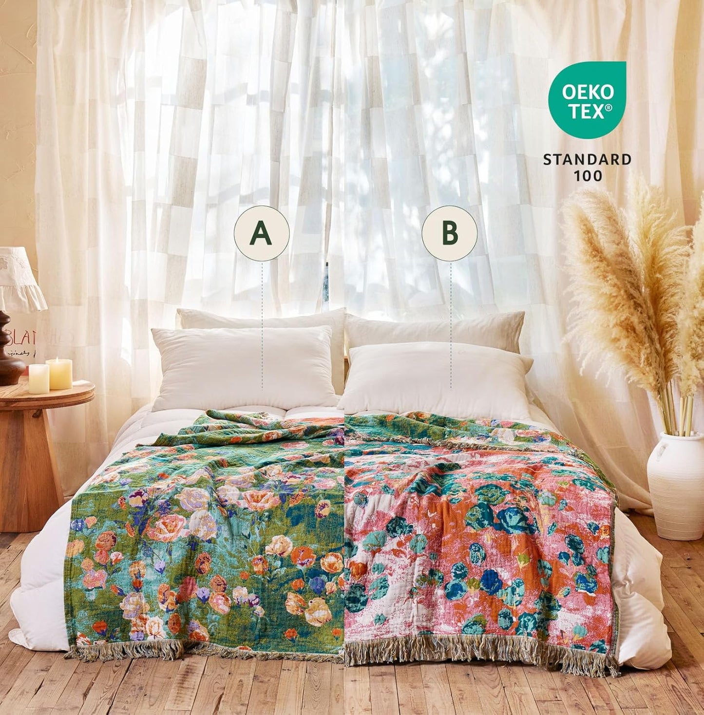 Boho Throw Blanket - 100% Cotton Throw Blankets for Bed Couch, 60"x80" Soft Muslin Lightweight Spring Throw Blanket, Cozy Floral Plant Printed Bohemain Bedding Decor Green Throw Quilt