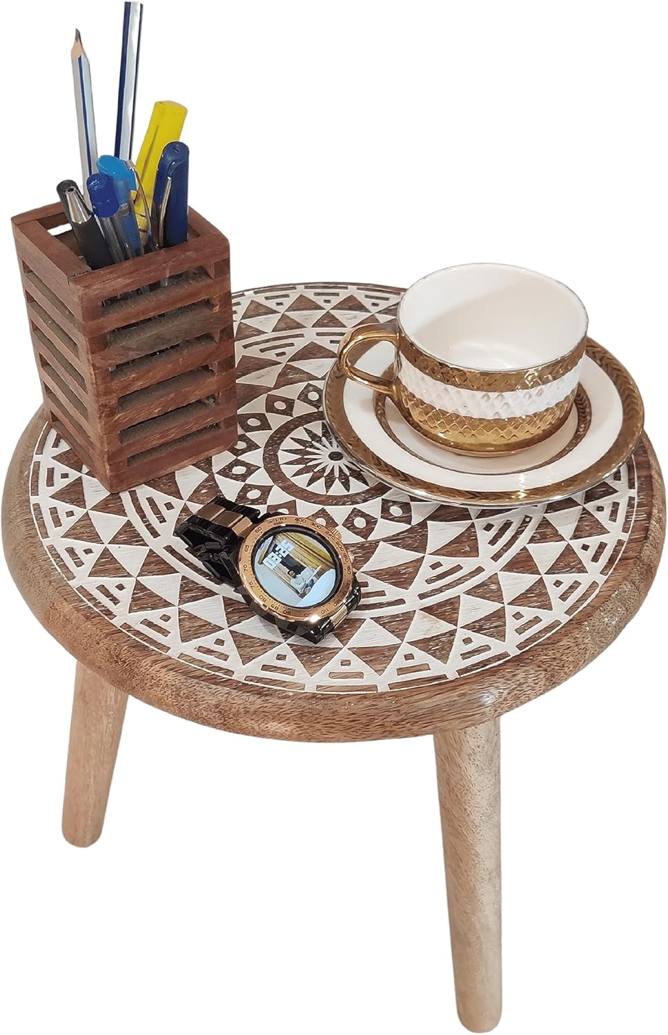 VANIYA CRAFTS® Wooden Engraved Fold-able Round End Table/Side Table/Plant Stand/Stool for Living Room Bedroom Restaurant Kids Play Furniture Table Round Shape (Natural White 5)