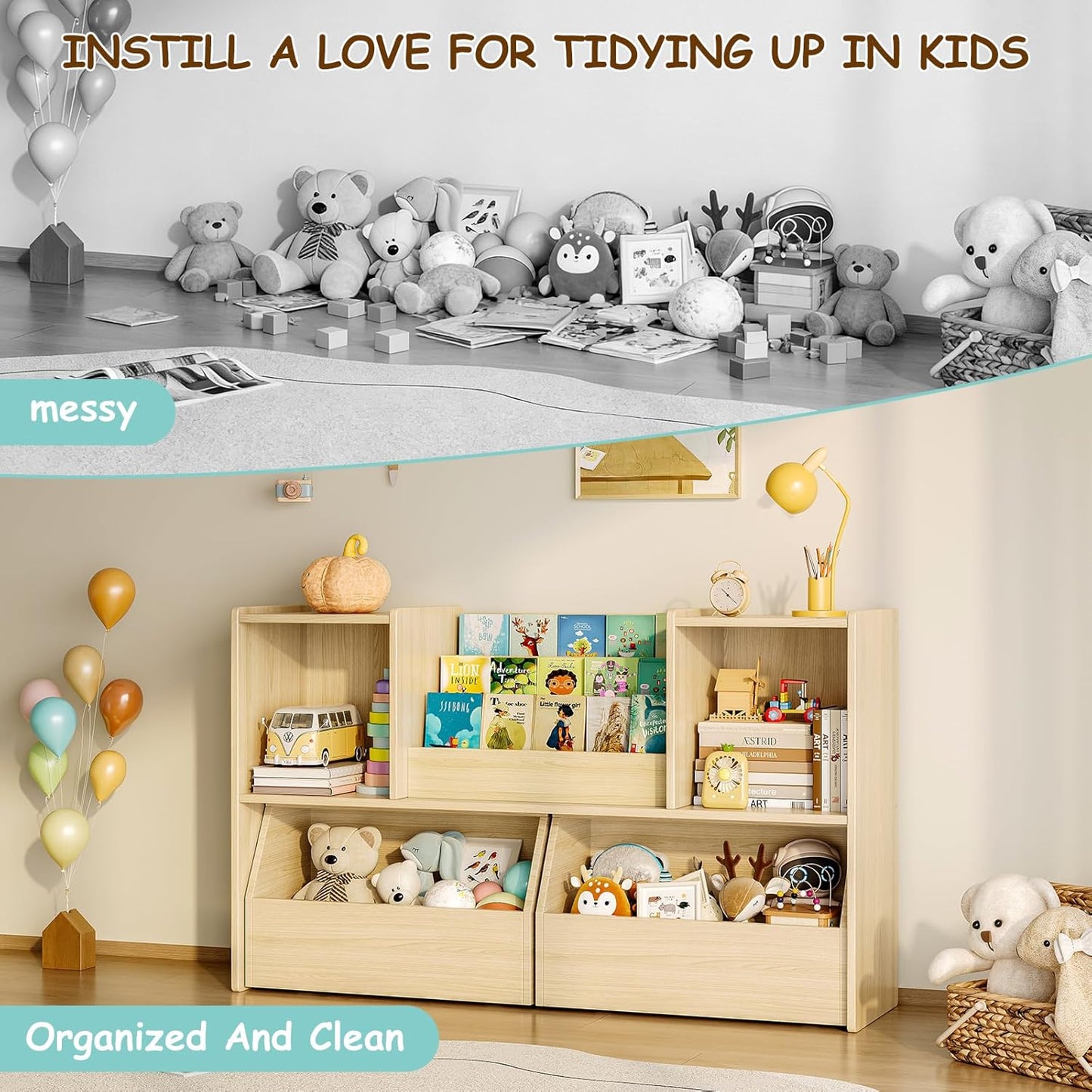 Kids Bookshelf and Toy Storage, 2-Tier Toddler Bookshelf with Storage Cubbies and 2 Movable Drawers on Wheels, Toy Storage Organizer, Montessori Bookcase for Kids Room, Playroom, Nursery