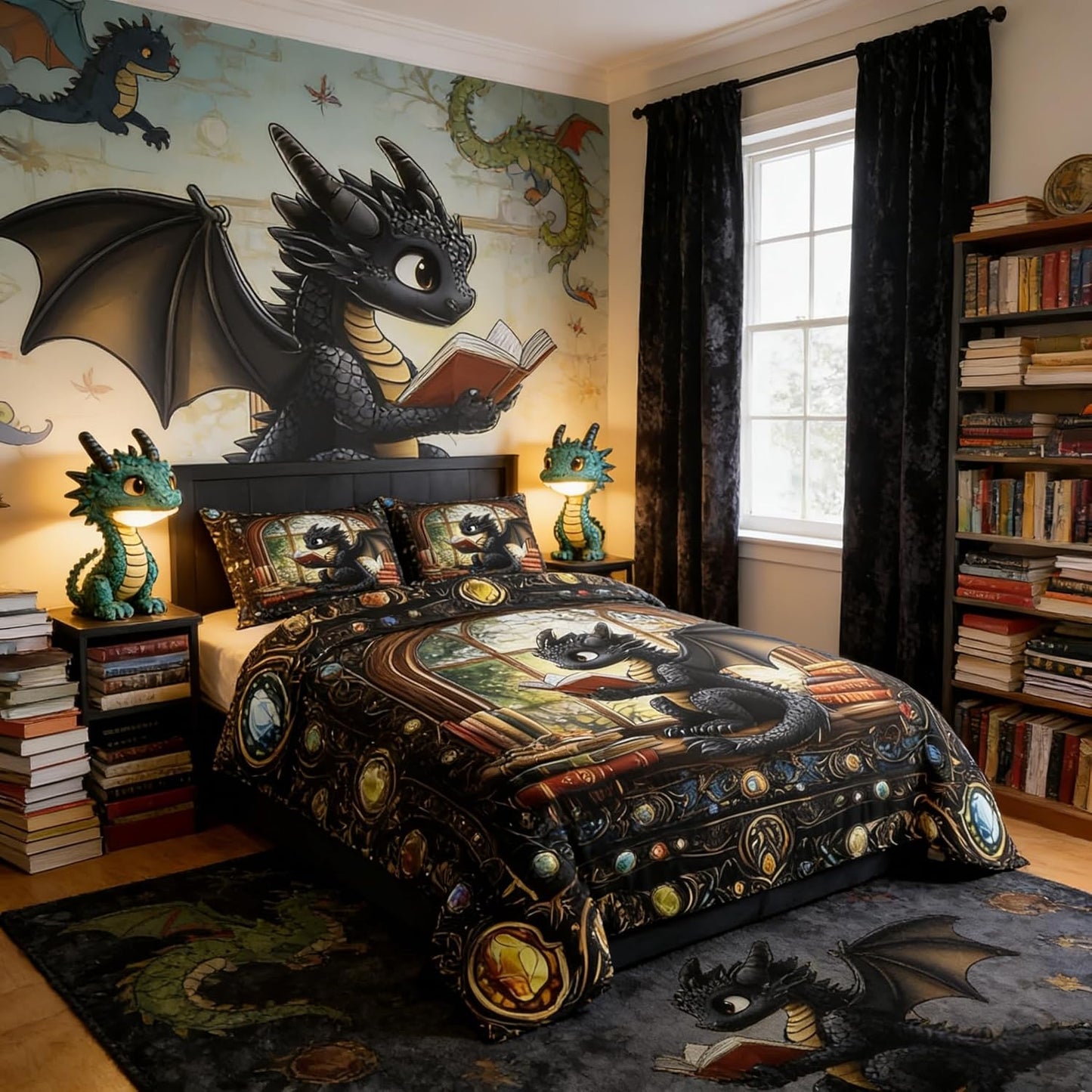 Cartoon Dragon Kids Comforter Set Twin Size,Reading Book Bookshelf Trippy Bedding Set,Girls Boys Room Decor,Geometric Patchwork Vintage Down Comforter,Black Noble Chic Duvet Insert,1 Pillowcase