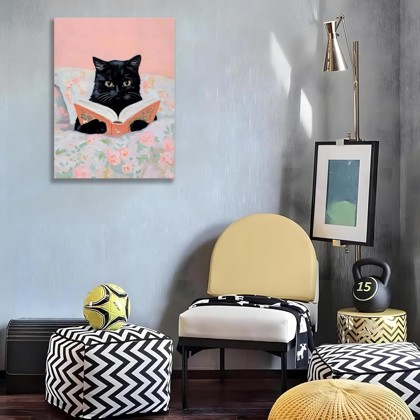 Framed Cats Canvas Wall Art, Funn Black Cat Reading Books Picture Wall Decor, Pink Vintage Animal Poster Prints for Girls Room Bedroom Kids Room Living Room Bathroom Decor 16x24 inch