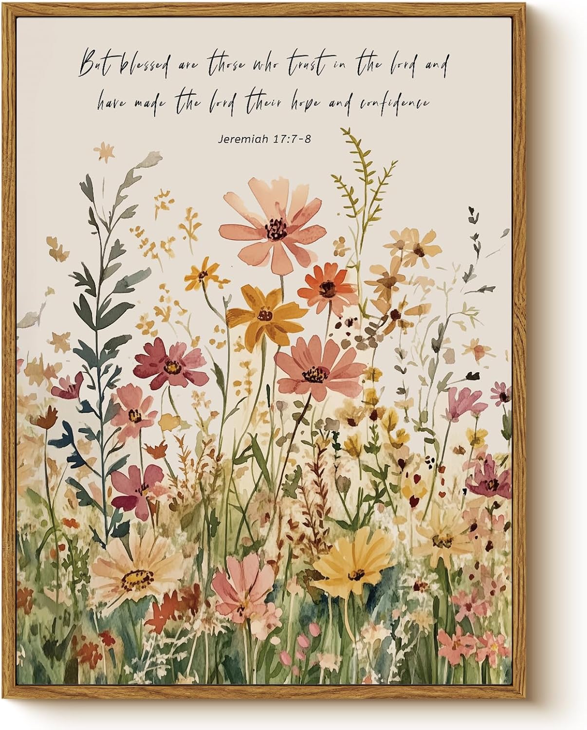 Vintage Inspirational Bible Quote Wildflowers Wall Art, Jeremiah 17:7-8 Christian Scripture Framed Canvas Print 12x16, Rustic Watercolor Floral Design Religious Decor for Bedroom Farmhouse