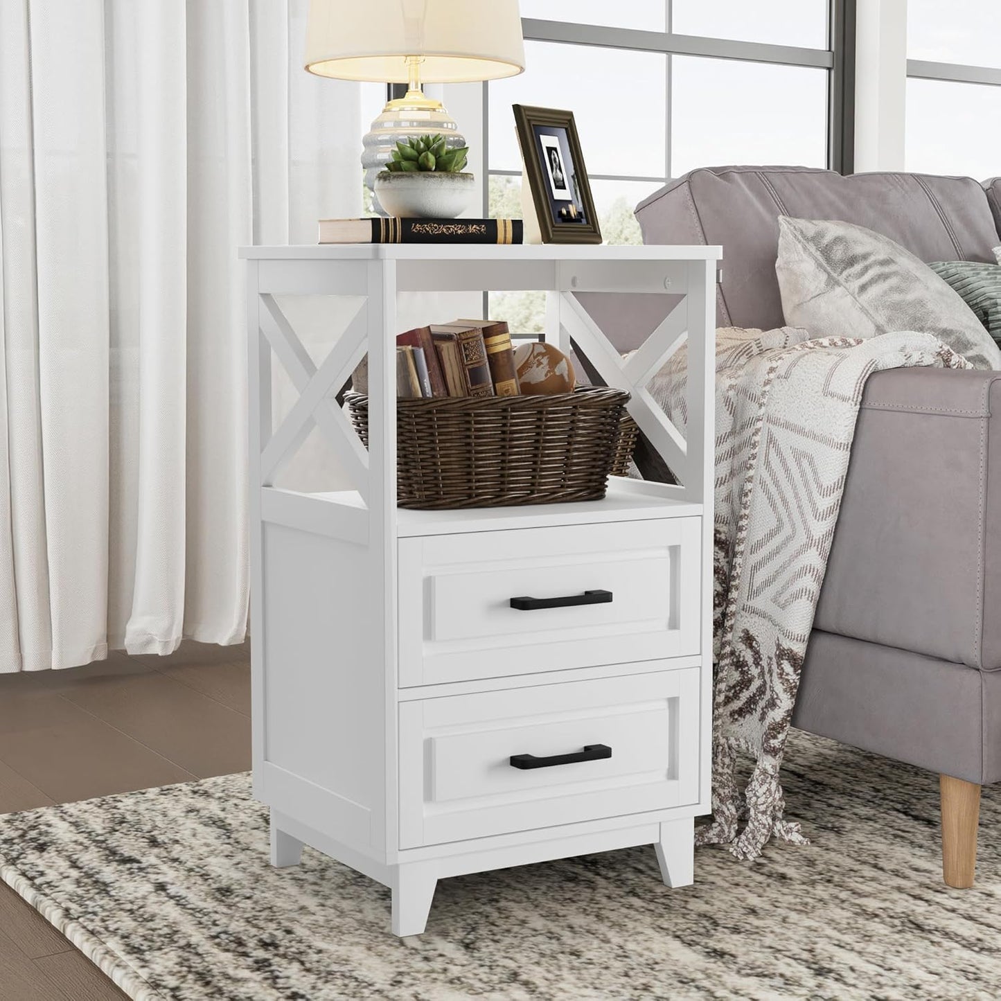 White Nightstand, Tall Bedside Table, Farmhouse Side Table with Storage Drawers and Open Shelf, Wooden Rustic End Table Cabinet for Bedroom, Home Office, White
