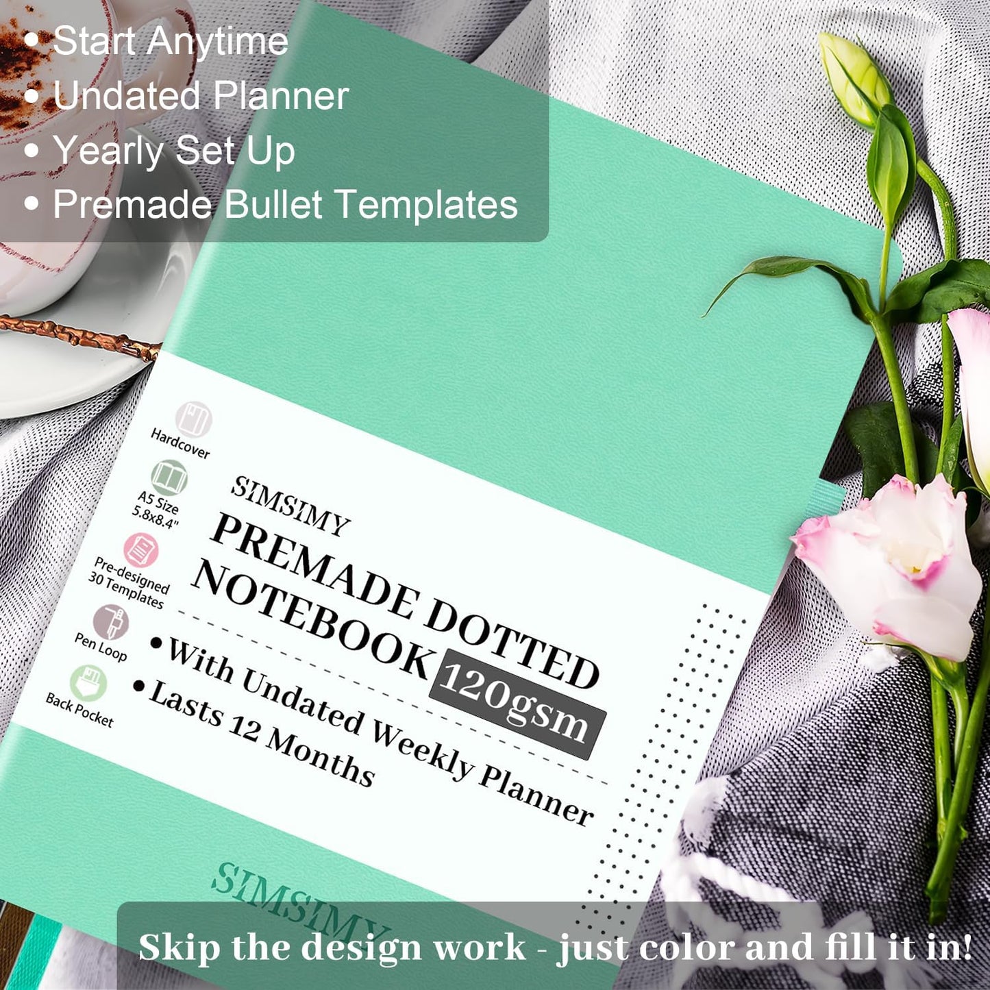 Premade Bullet Dotted Journal Notebook, Pre-made Dot Grid Journaling with Undated Weekly & Monthly Planner - 12 Month Organization for Habit / Mood / Meals / Sleep / Exercise Trackers,